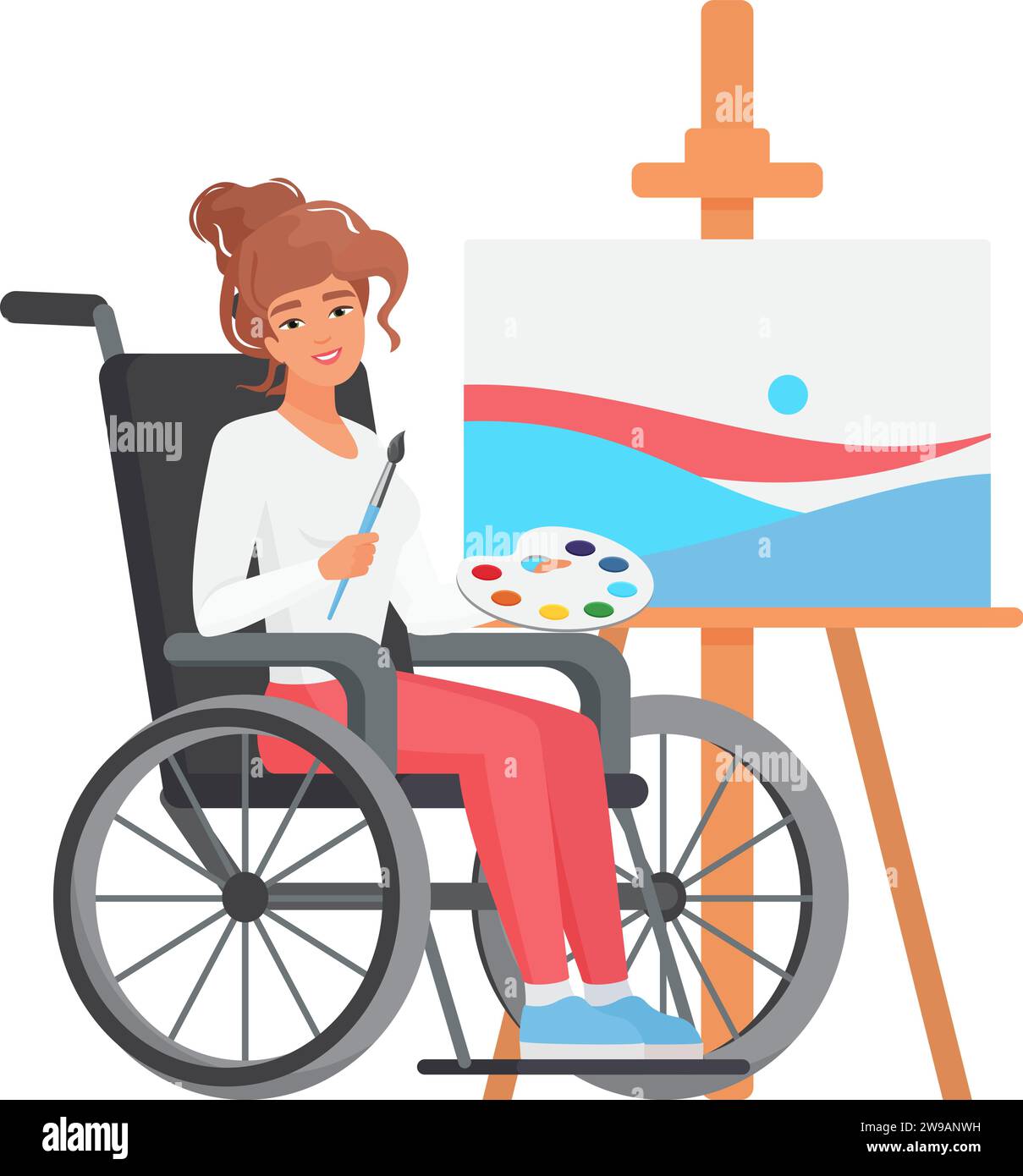 Femme dans la peinture en fauteuil roulant. Jeune femme avec l'illustration vectorielle de dessin animé de temps de loisir à mobilité limitée Illustration de Vecteur