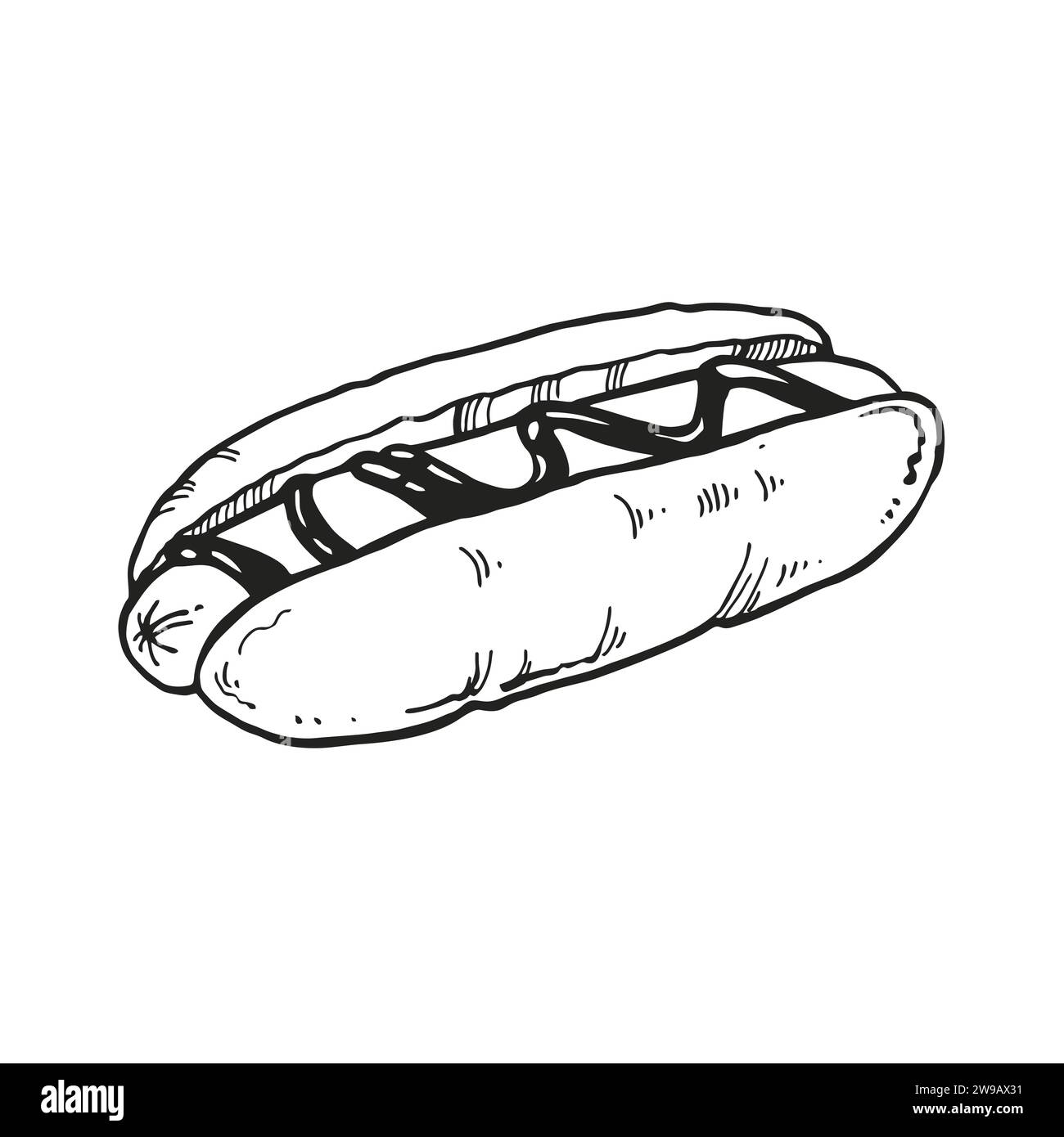illustration vectorielle dessinée à la main de fast-food, croquis à l'encre de hot-dog dans un petit pain et avec de la moutarde ou de la sauce, illustration en noir et blanc de saucisse avec sa Illustration de Vecteur