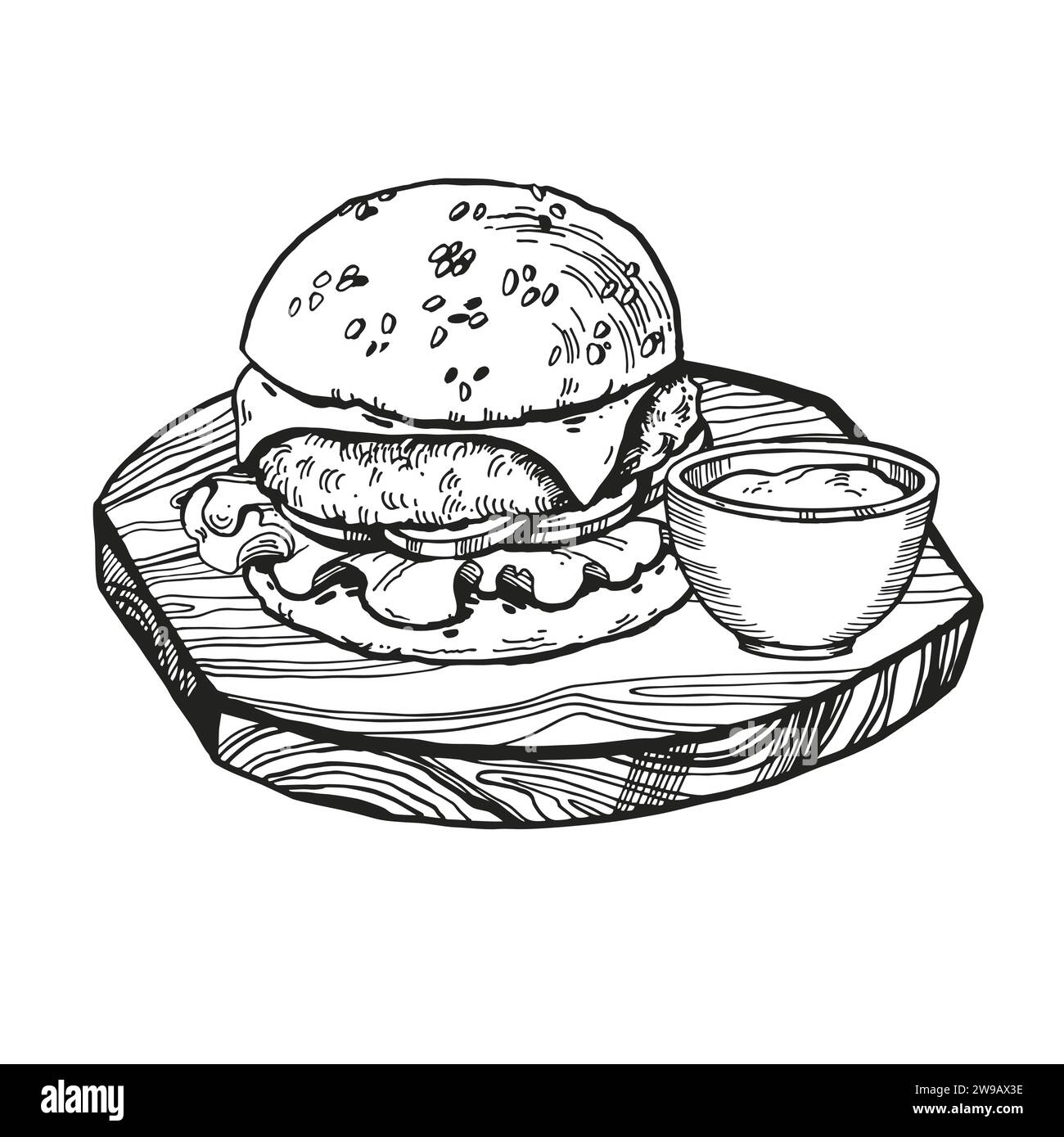 illustration vectorielle de hamburger avec de la viande, de l'oignon, des tomates, du fromage et de la sauce sur une planche à découper en bois, croquis dessiné à la main de fast-food, isolé sur le dos blanc Illustration de Vecteur