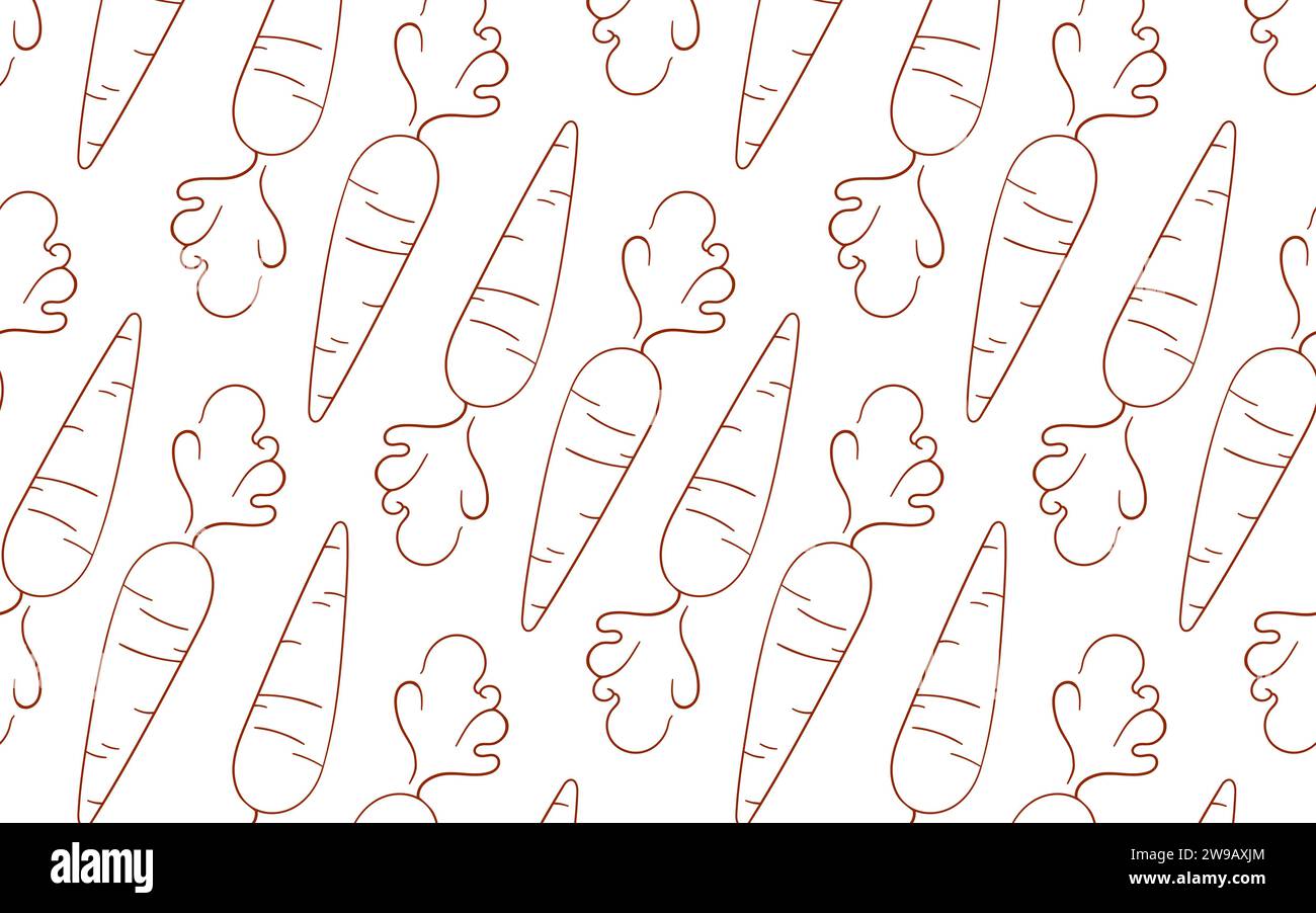 Motif sans couture de carotte dans le style d'art de ligne. Design dessiné à la main pour accessoires de cuisine, magasin, menu et emballage alimentaire. Illustration vectorielle sur un blanc Illustration de Vecteur