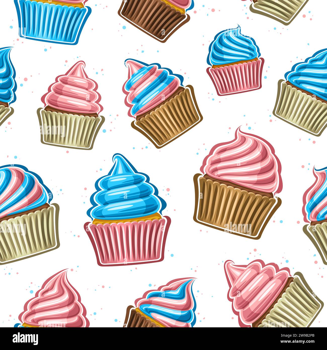 Vector Cupcake Seamless Pattern, répétition décorative de fond avec illustration de cupcake variété avec crème de service molle, emballé dans la couleur pastel wrapp Illustration de Vecteur