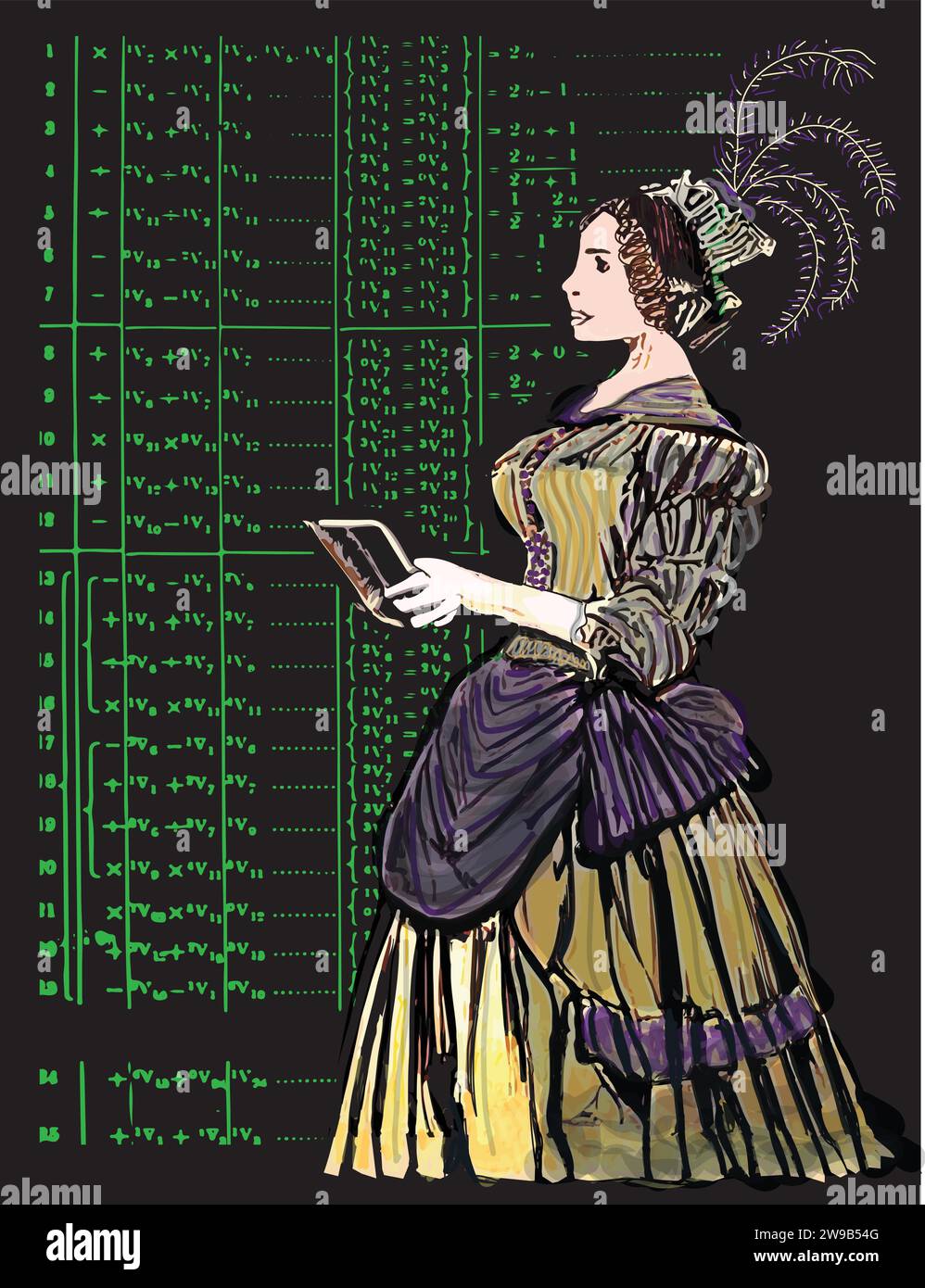 ADA Lovelace avec son algorithme en arrière-plan. Illustration de Vecteur