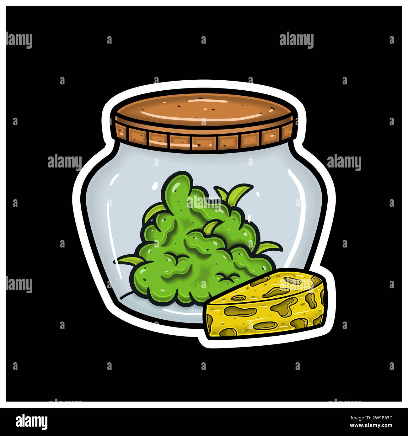 Saveur de fromage avec Cartoon Mascot de Weed Bud sur pot. Pour autocollant et étiquette. Vector et Illustration. Illustration de Vecteur