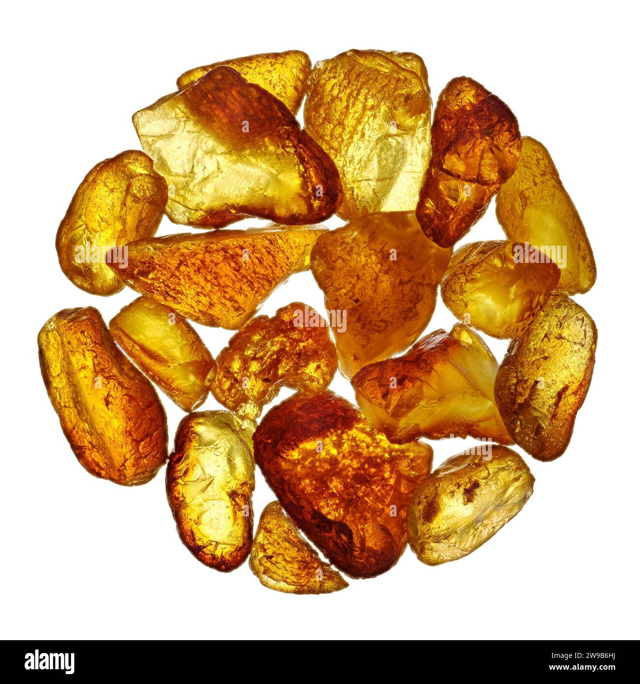 Groupe de galets d'ambre jaune minéral naturel, disposés en cercle, isolés sur fond blanc Banque D'Images