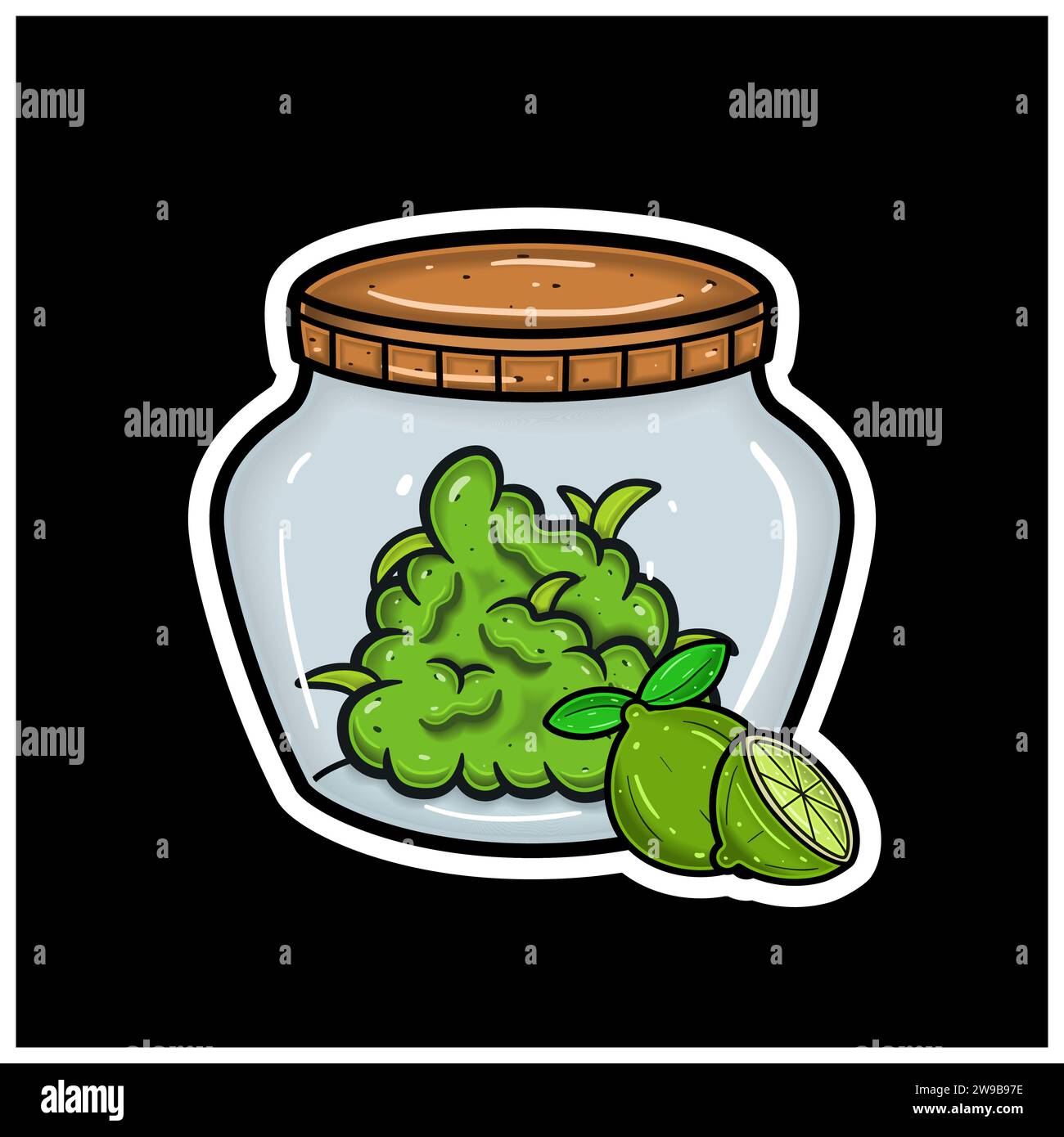 Saveur de fruit de citron vert avec Cartoon Mascot de Weed Bud sur pot. Pour autocollant et étiquette. Vector et Illustration. Illustration de Vecteur