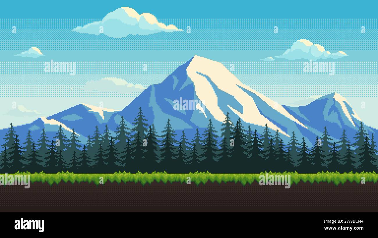 Emplacement de montagne de jeu d'art de pixel. Fond transparent d'été avec des sommets enneigés, forêt de sapins et herbe. illustration de style rétro 8 bits pour vid Illustration de Vecteur