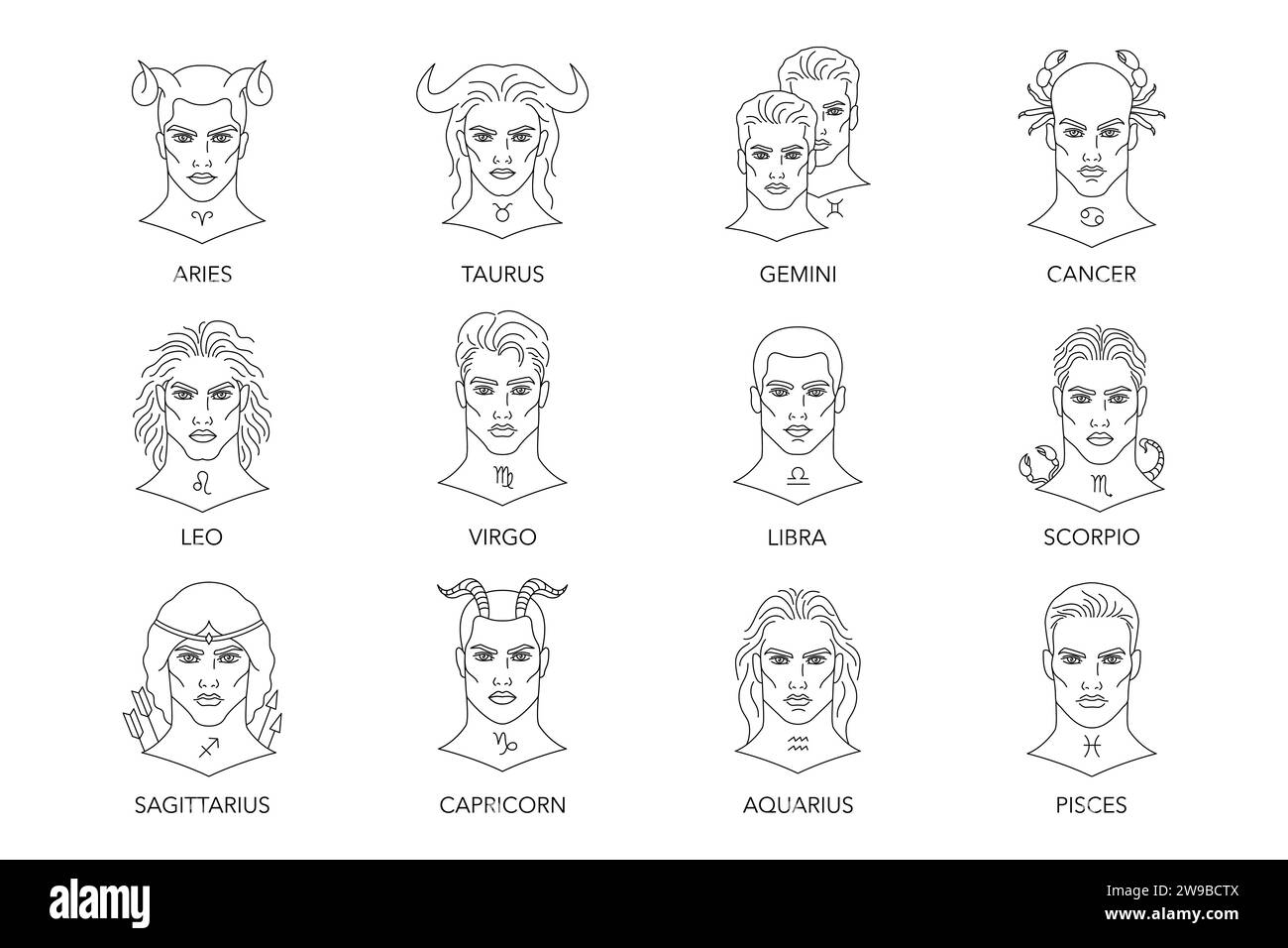 Collection de signes de zodiaque emale dans le style d'art de ligne sur fond blanc. Illustration de Vecteur