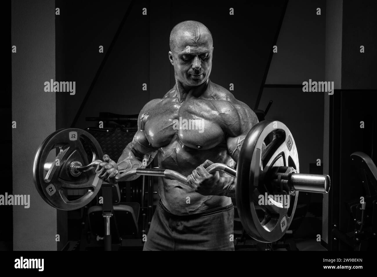 Haltérophilie professionnelle posant dans la salle de gym avec une barre dans ses mains. Culturisme classique. Supports mixtes Banque D'Images