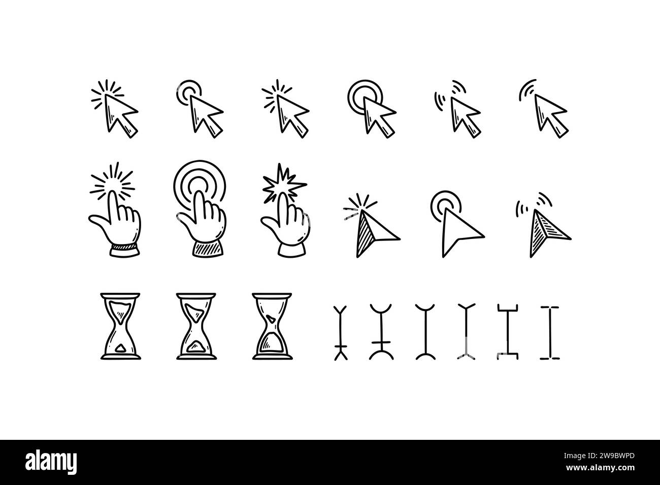 Doodle cliquez sur jeu d'icônes. Curseur de saisie de souris dessiné à la main. Appuyez ici sur le bouton Tap. Flèche et pointeur de doigt. Illustration vectorielle d'esquisse. Horloge sablier TI Illustration de Vecteur