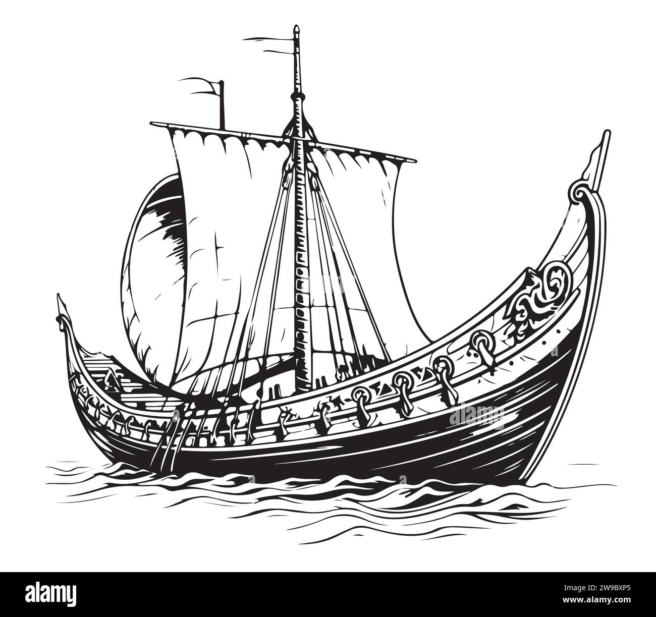 Anciens Vikings sur bateau - illustration vectorielle dessinée à la main, isolé sur blanc Illustration de Vecteur