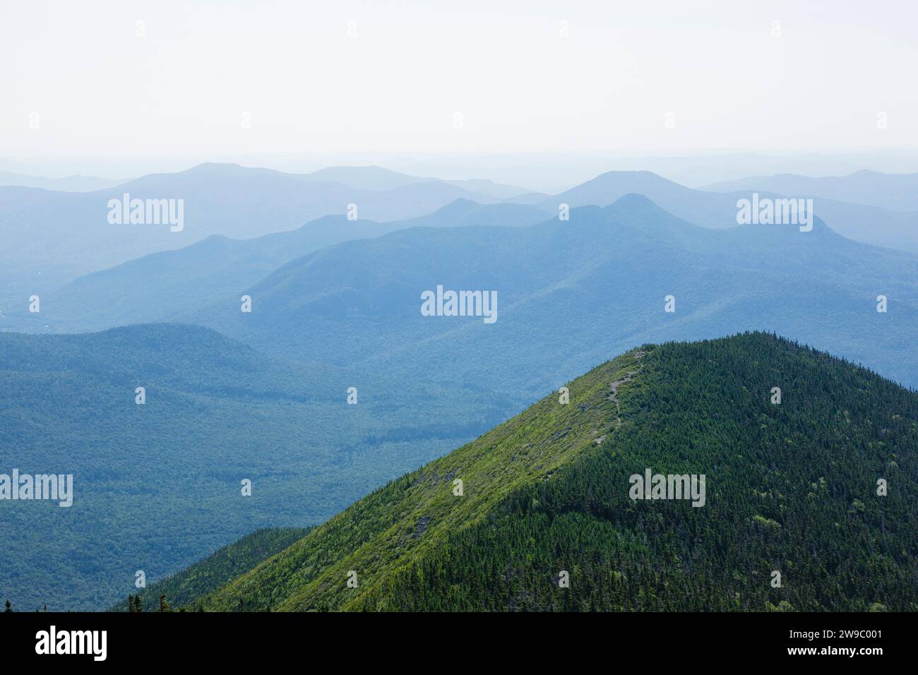 La vue depuis la tour sur le sommet du mont Carrigain dans les White Mountains du New Hampshire par une journée d'été très brumeuse. Le mont Carrigain a été nommé d'après Banque D'Images