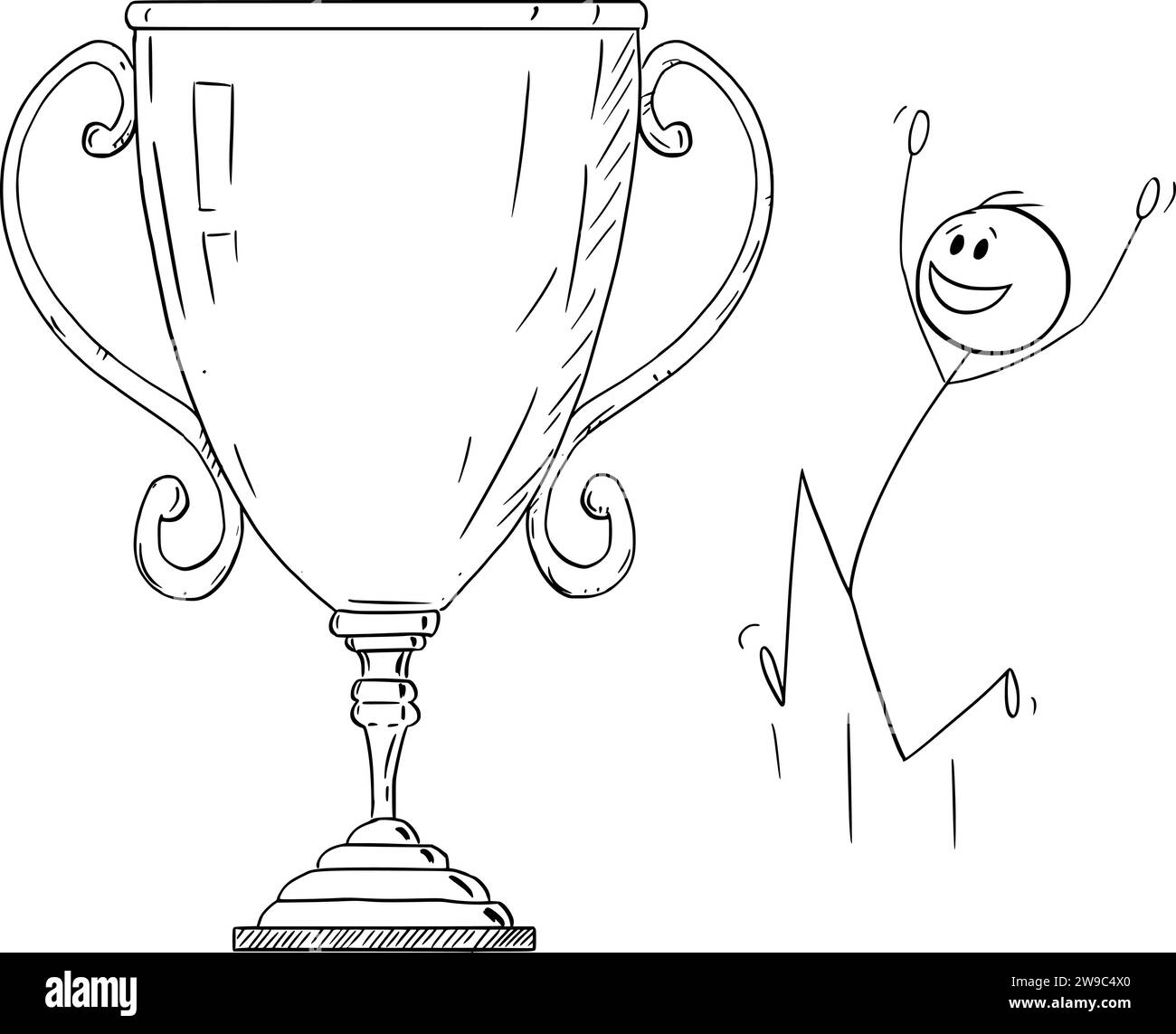Personne célébrant avec Victory Trophy Cup, Vector Cartoon Stick Figure Illustration Illustration de Vecteur