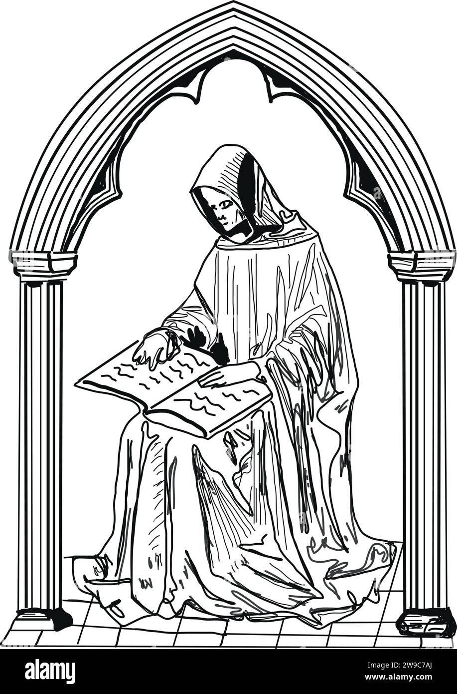 Illustration d'un moine médiéval lisant un livre, arche gothique, gravure sur bois style manuscrit enluminé Illustration de Vecteur