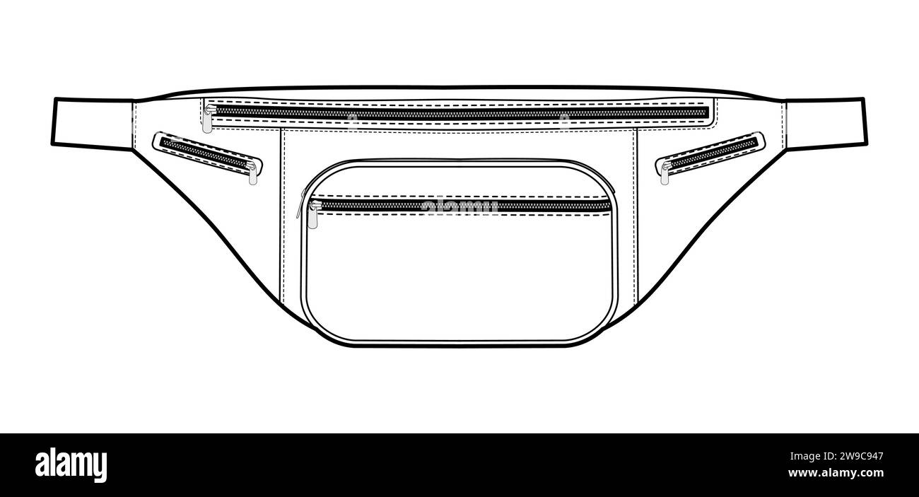 Silhouette de sac de ceinture. Illustration technique accessoire de mode. Vector satchel vue avant 3-4 pour hommes, femmes, style unisexe, sac à main plat maquette CAD esquisse contour isolé Illustration de Vecteur