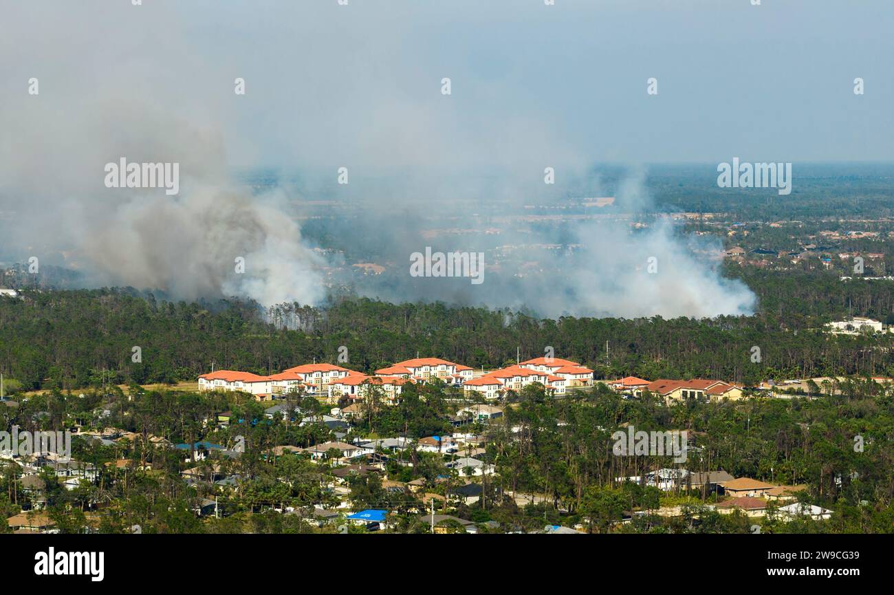 Feu de forêt brûlant sévèrement pendant la saison sèche d'hiver dans la ville de North Port, Floride. Fumée épaisse s'élevant au-dessus des maisons de banlieue Banque D'Images