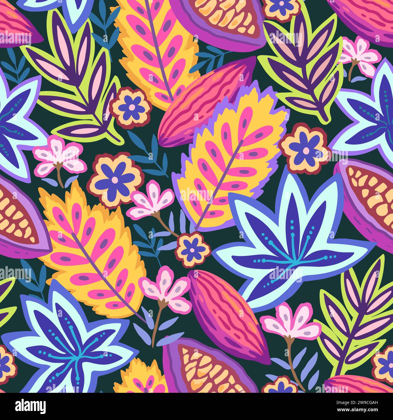 Motif tropical coloré sans couture. Motif psychédélique abstrait avec des éléments végétaux et floraux. Imprimé joyeux pour le design. Illustration vectorielle Illustration de Vecteur