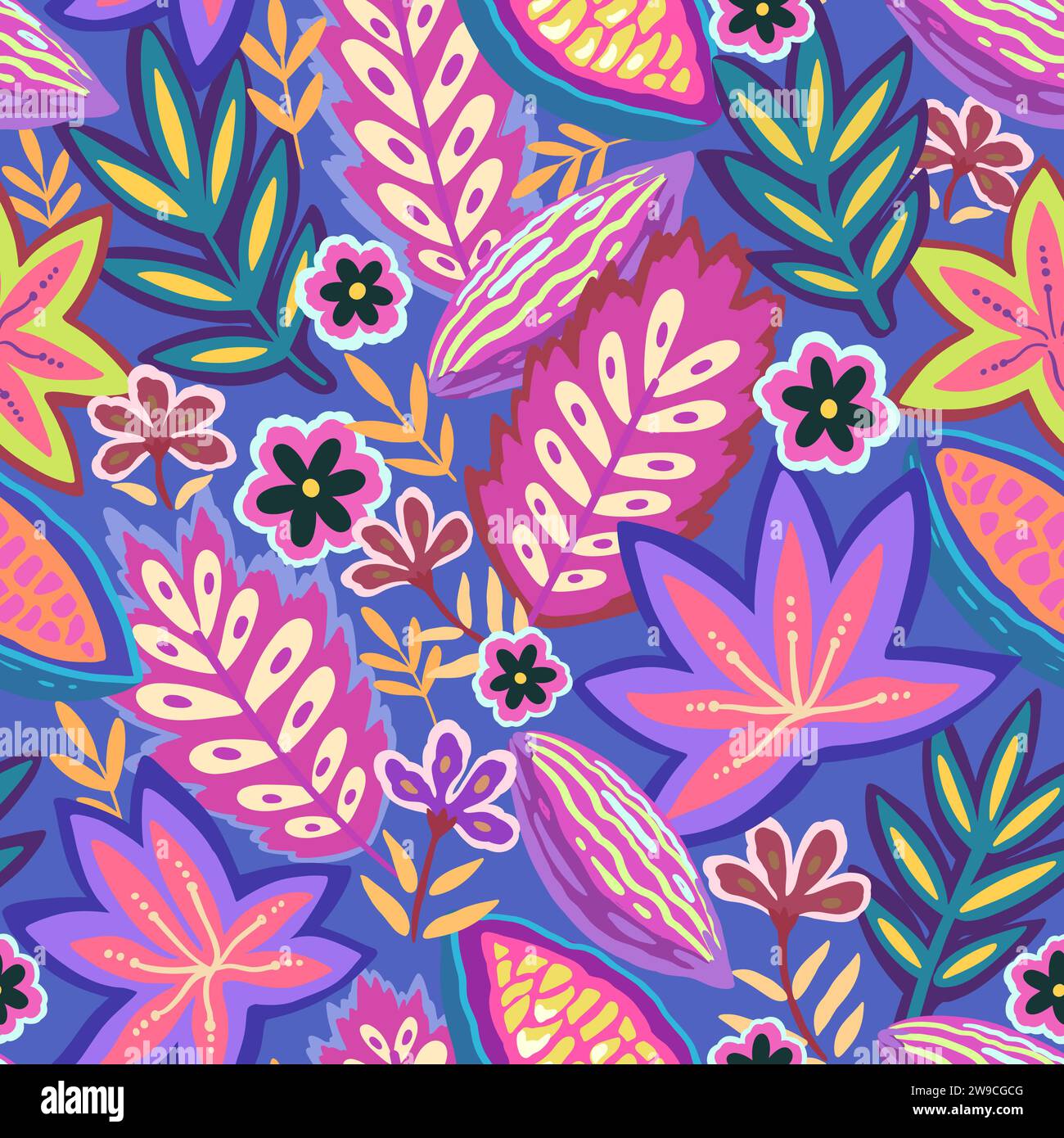 Motif tropical coloré sans couture. Motif psychédélique abstrait avec des éléments végétaux et floraux. Imprimé joyeux pour le design. Illustration vectorielle Illustration de Vecteur