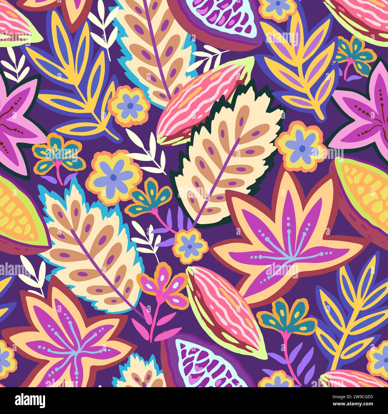 Motif tropical coloré sans couture. Motif psychédélique abstrait avec des éléments végétaux et floraux. Imprimé joyeux pour le design. Illustration vectorielle Illustration de Vecteur