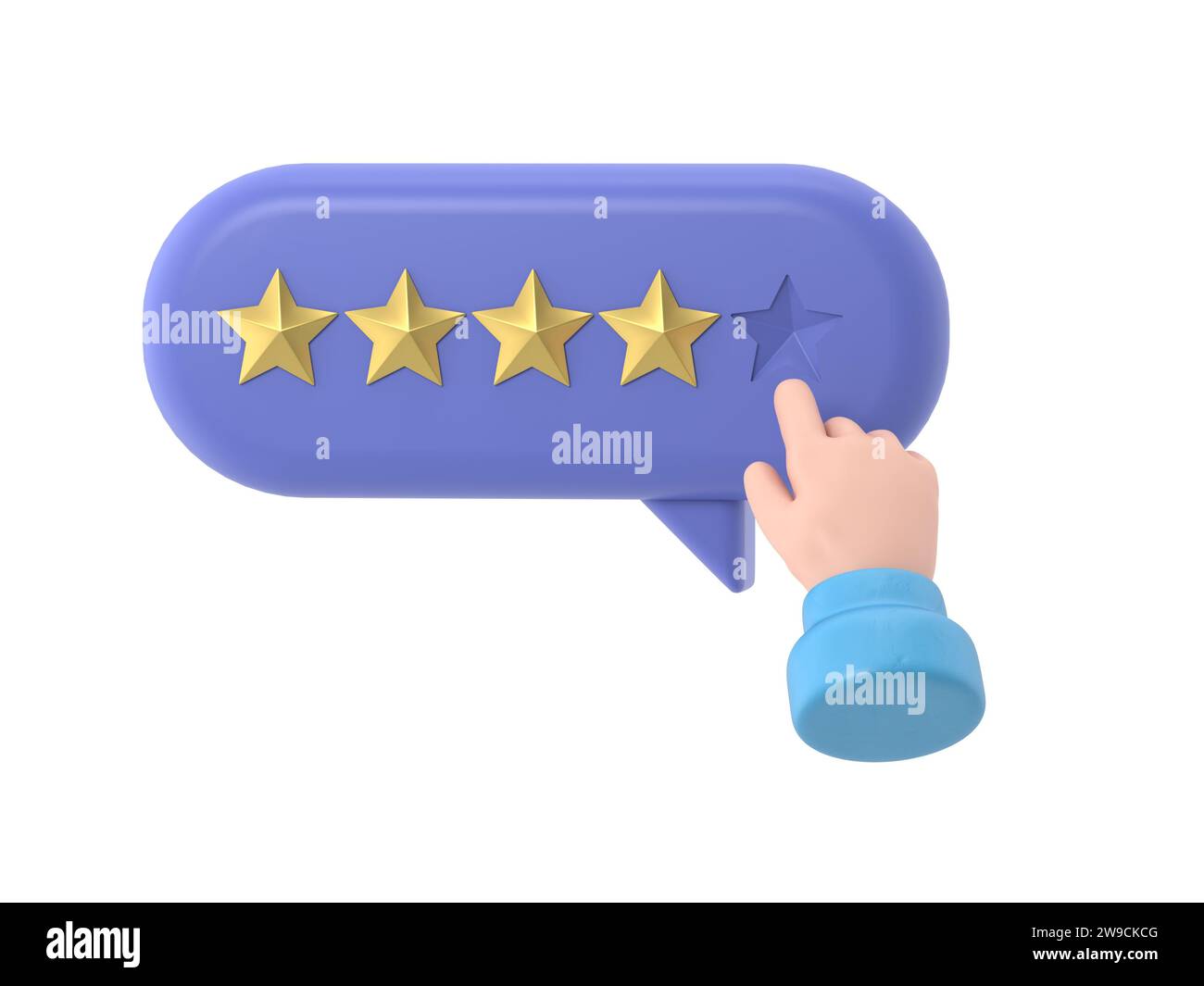 Main de l'utilisateur pointant sur le formulaire de sondage et choisissant l'étoile jaune. Avis client positif cinq étoiles. Feedback en ligne, rendu 3D sur fond blanc. Banque D'Images