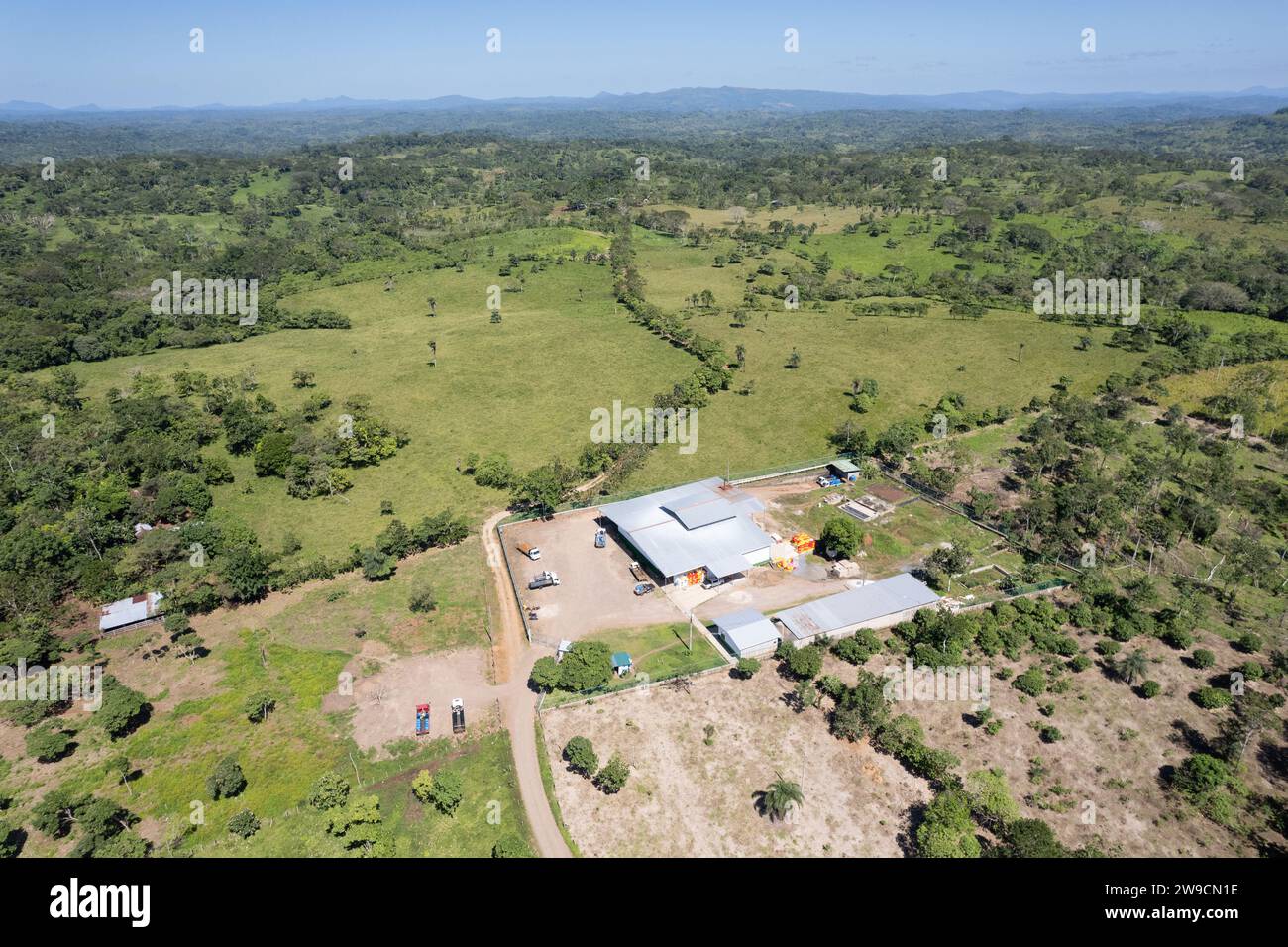 Vue aérienne des terres agricoles. Grand bâtiment de grange de stockage dans le paysage vert Banque D'Images
