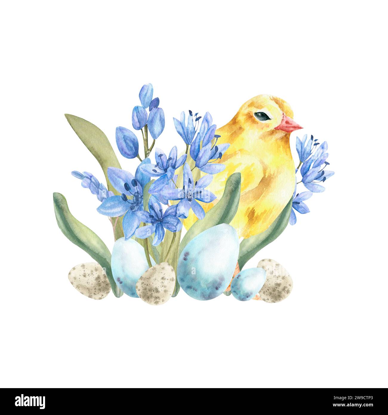 Composition aquarelle joyeuse Pâques avec poulet jaune, fleurs pâles bleu printemps et œufs. Clip art vintage dessiné à la main pour invitation, étiquette, logo, p Banque D'Images