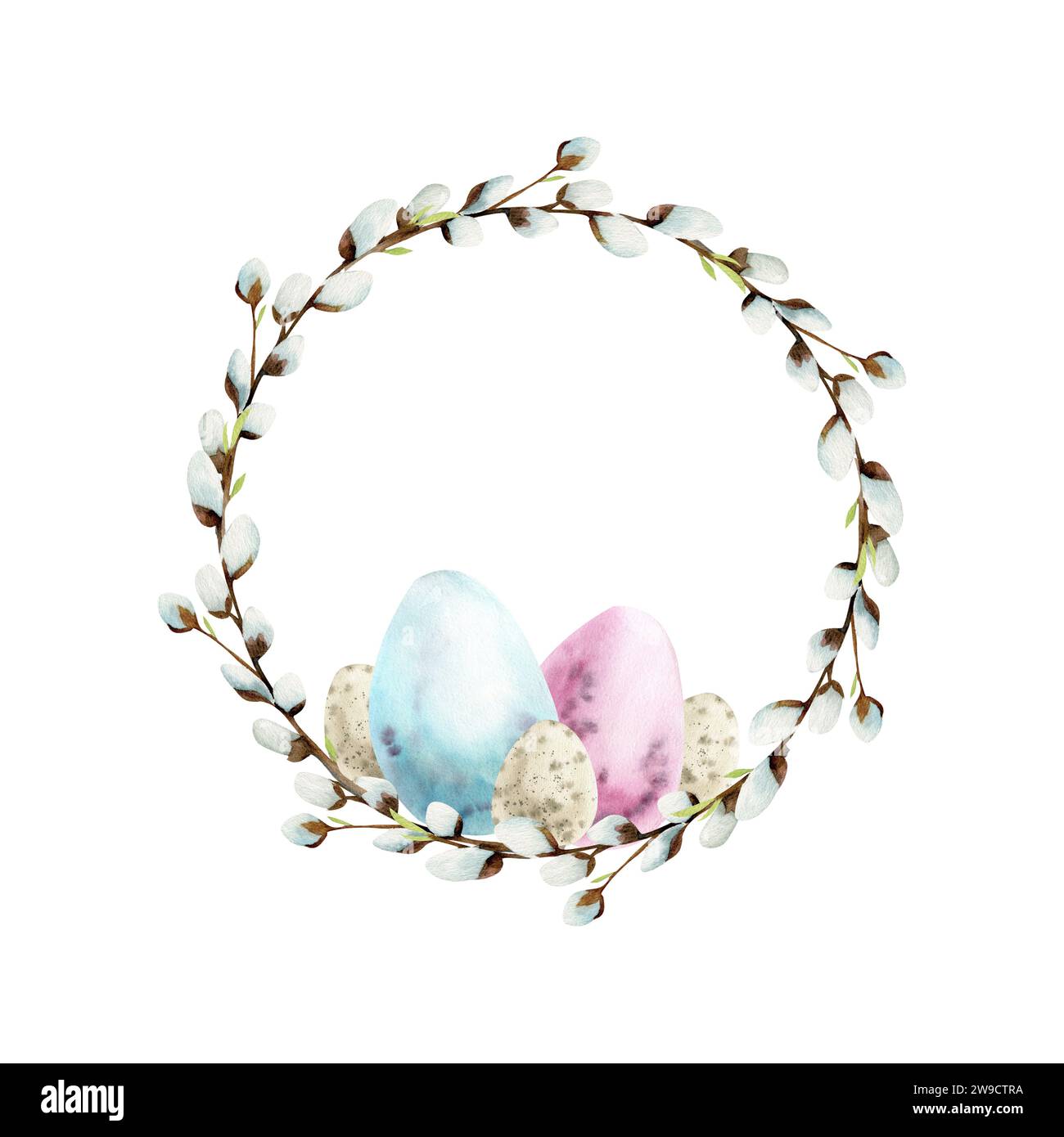 Couronne de saule dessinée à la main aquarelle avec des œufs colorés. Joyeuse illustration de Pâques, rustique, design floral pour l'emballage, étiquette, logo, invitation décorat Banque D'Images
