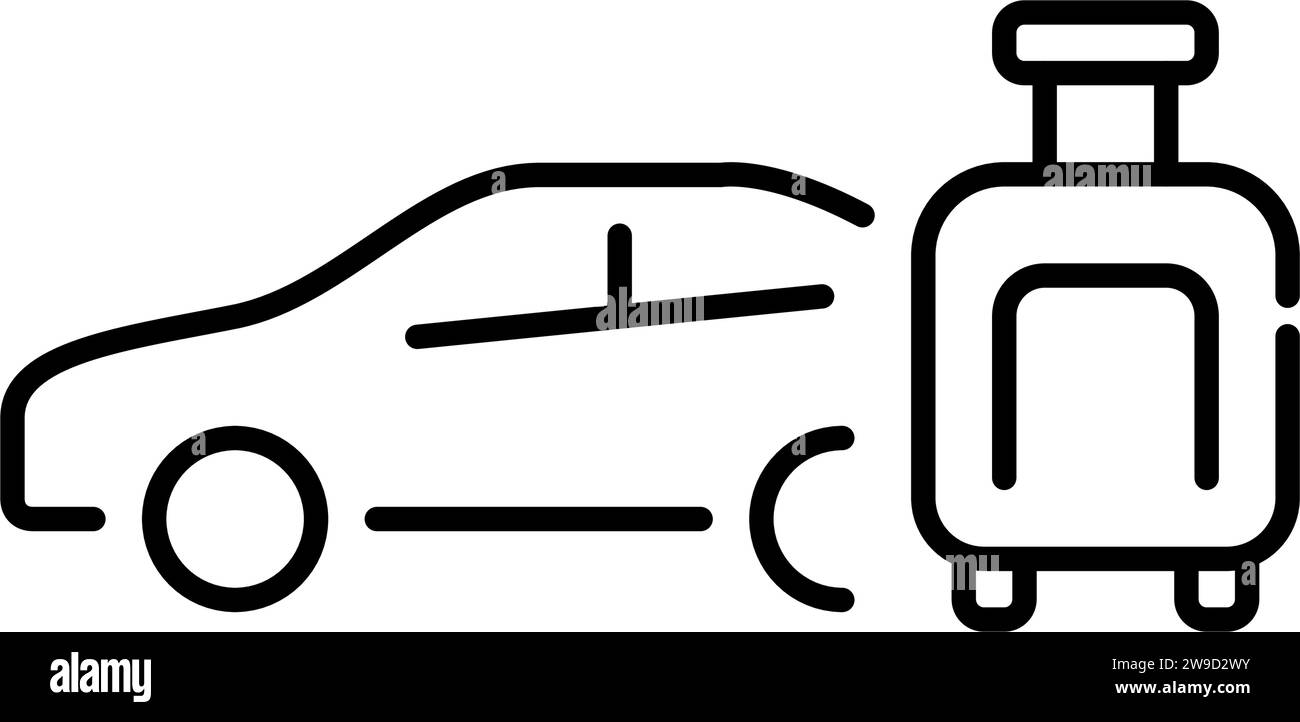 Vue latérale de la voiture et bagages. Service de taxi aéroport. Icône Pixel Perfect Illustration de Vecteur