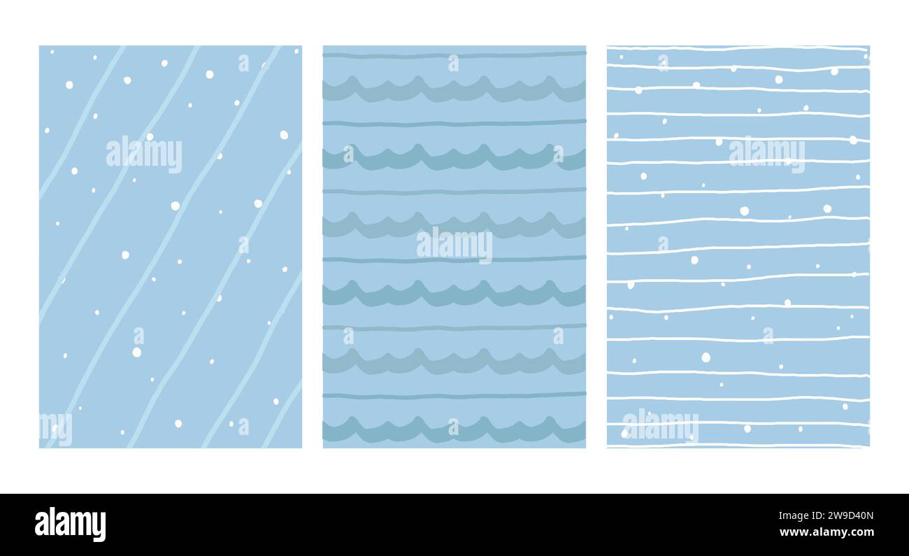 Motifs irréguliers dessinés à la main géométriques simples. Doodle Blue dessin simple à carreaux avec des textures. Ensemble d'affiches. Papier graphique couleur pastel drôle. Illustration de Vecteur