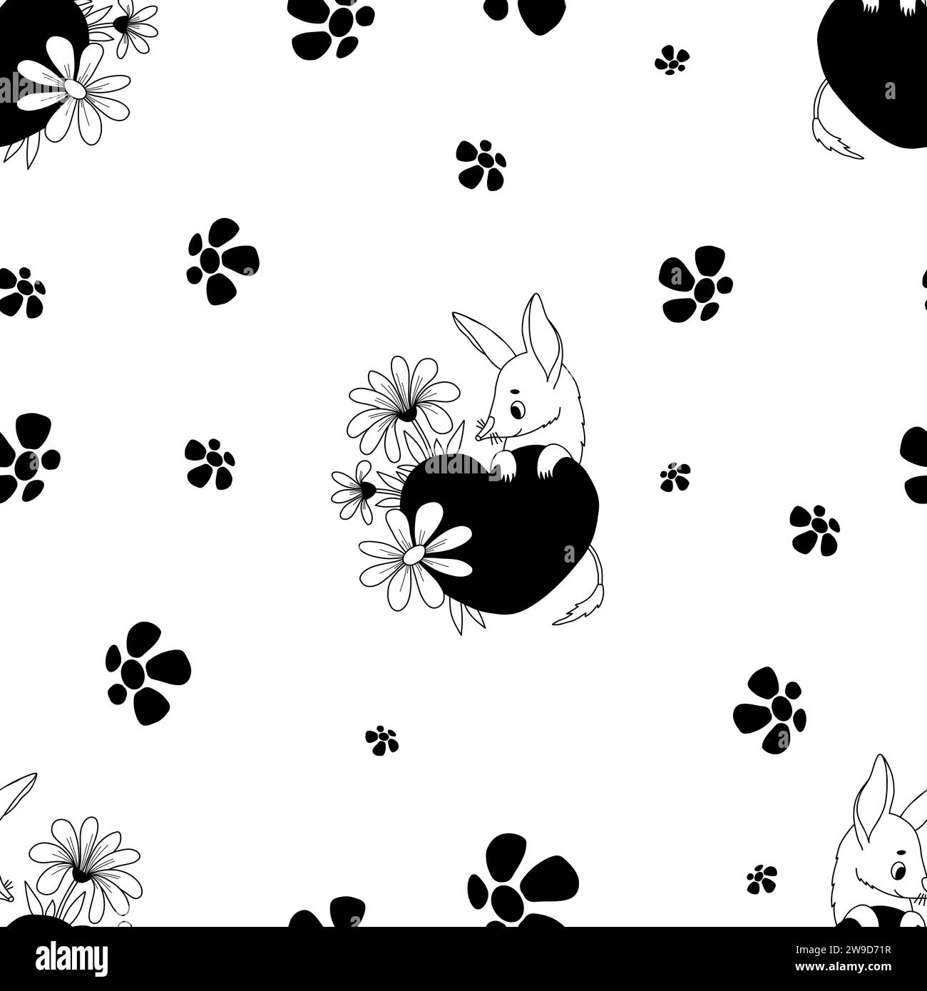 Modèle sans couture avec animal bilby avec coeur et fleurs sur fond blanc. Illustration vectorielle pour la conception, papier peint, emballage, textile Illustration de Vecteur