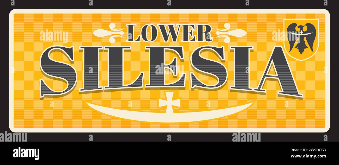 Basse Silésie voïvodie Pologne vieille plaque de voyage, autocollant touristique. Bannière vintage vectorielle avec manteau héraldique de la Pologne, carte postale rétro ou signe, symbole héraldique de l'oiseau aigle Illustration de Vecteur