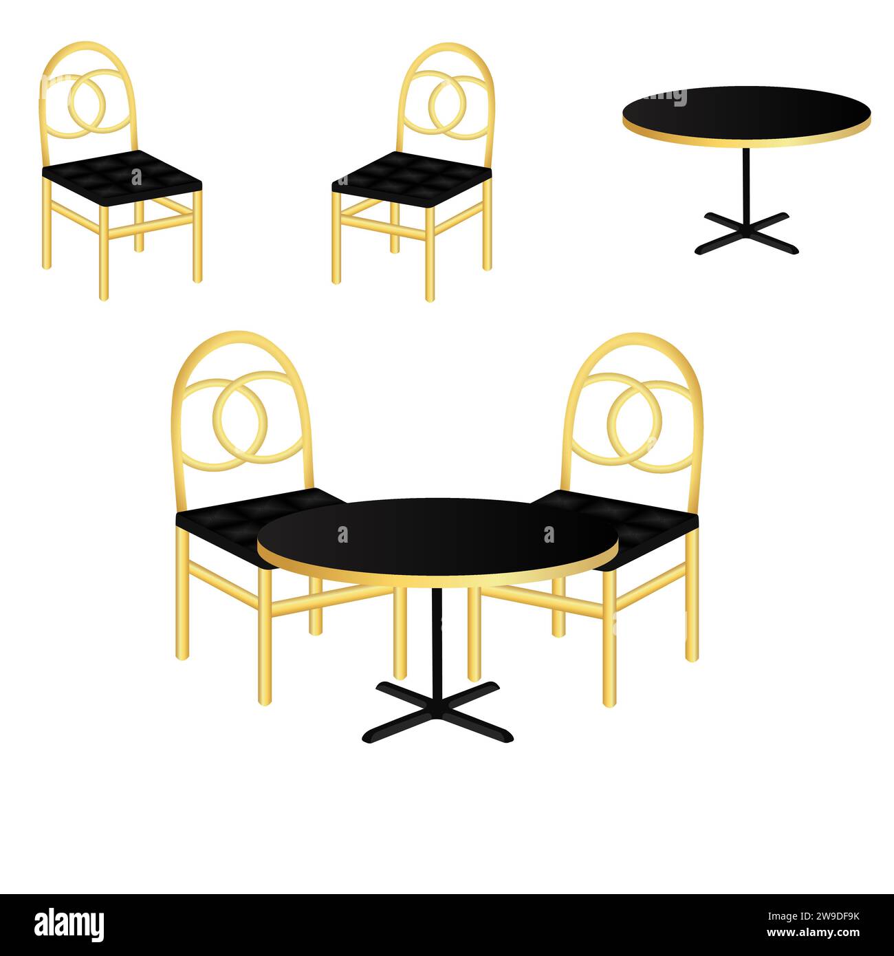 Set Table and chaises Vector. Table et chaises, meubles pour cuisine design d'intérieur, café, restaurant. Illustration vectorielle. Illustration de Vecteur