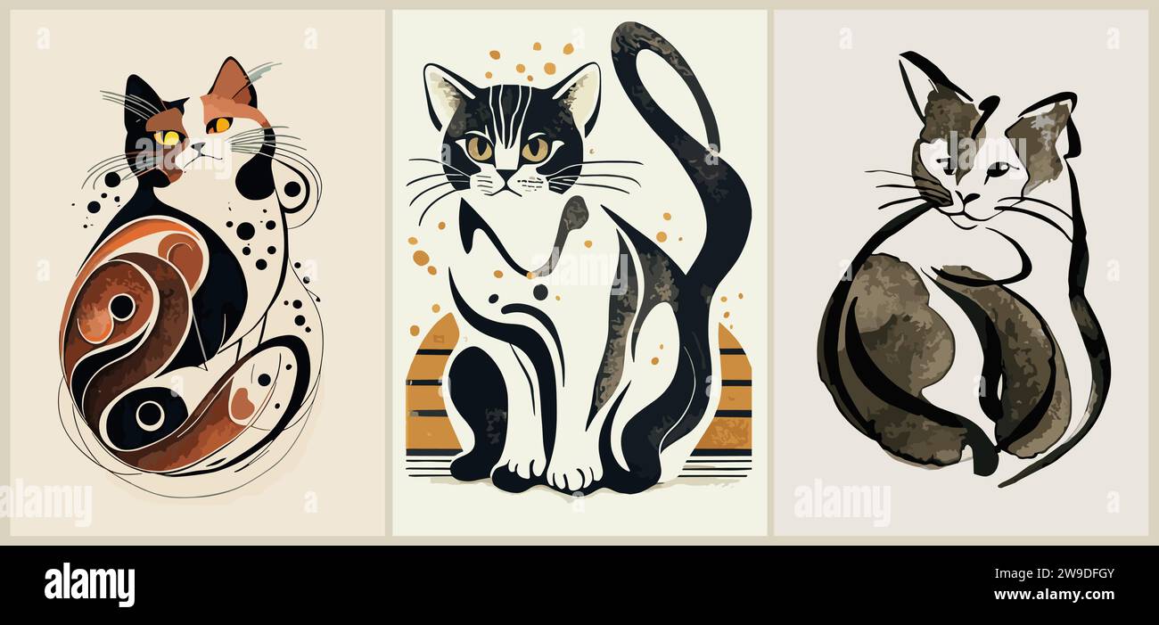 Ensemble d'affiches rétro avec dessin de chats mignons. Illustration de Vecteur