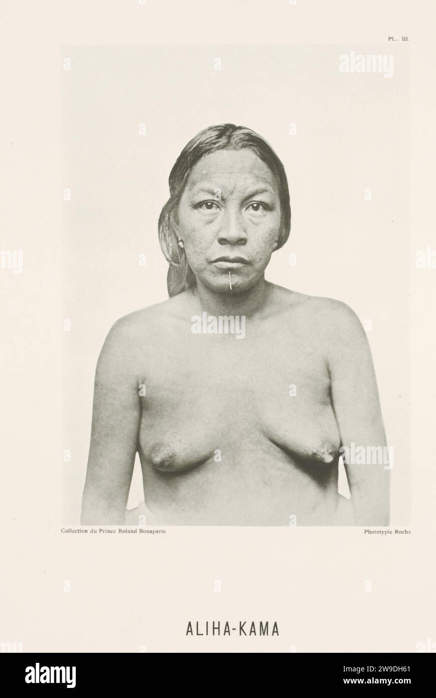 Portret van Aliha-Kama, Friedrich CAEL, 1883 - 1884 tirage photomécanique Portrait d'Aliha-Kama, un caribbe du Suriname, photographié à l'exposition internationale coloniale et commerciale, Amsterdam 1883. Femme adulte collotype papier Amsterdam. Peuples autochtones d'Amérique du Sud. Personnages historiques Amsterdam Banque D'Images