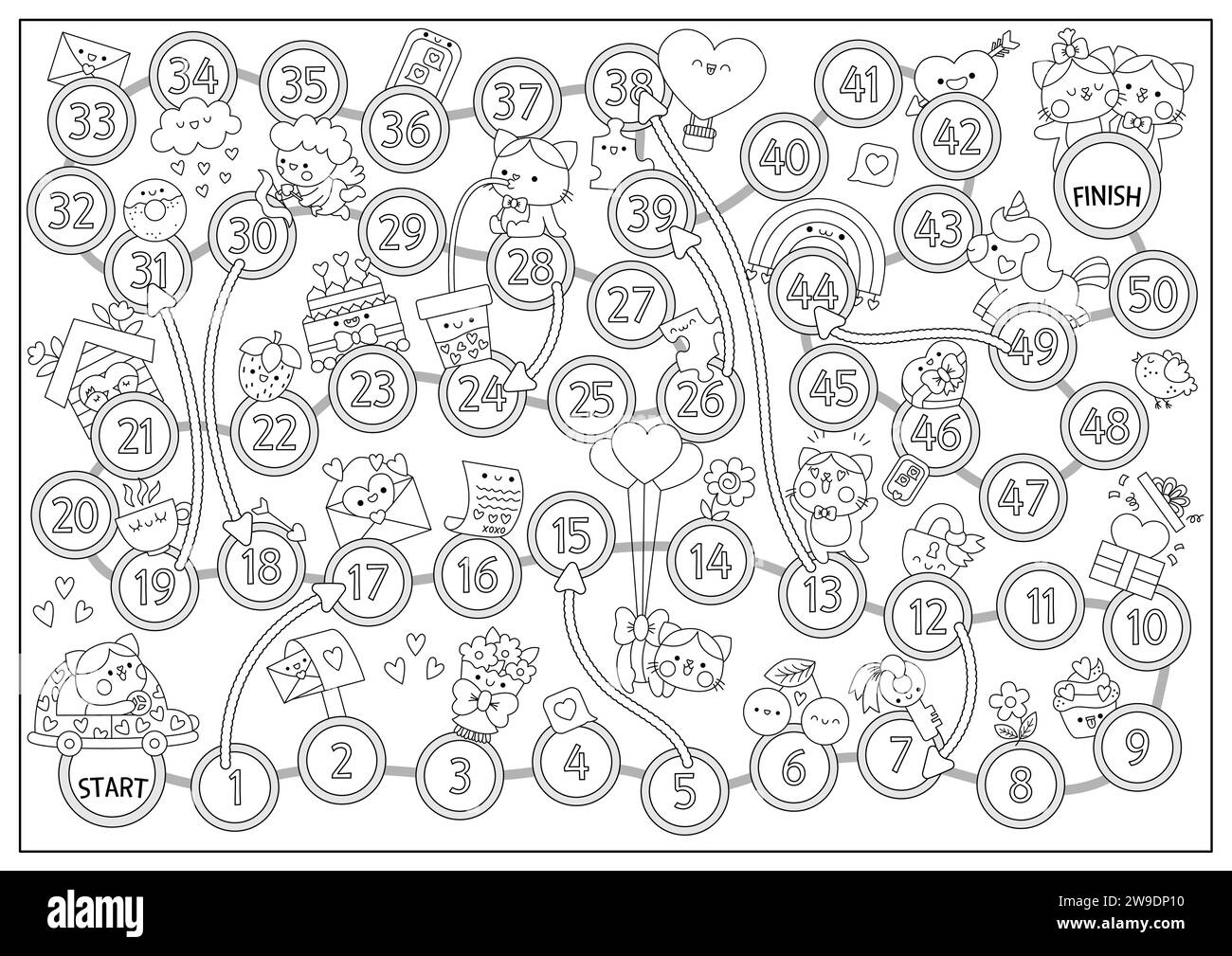 Saint Valentine jeu de société noir et blanc avec chat garçon allant à chat fille. Amour jeu de société de ligne de vacances avec licorne, arc-en-ciel, coeurs. Mignon imprimable r Illustration de Vecteur