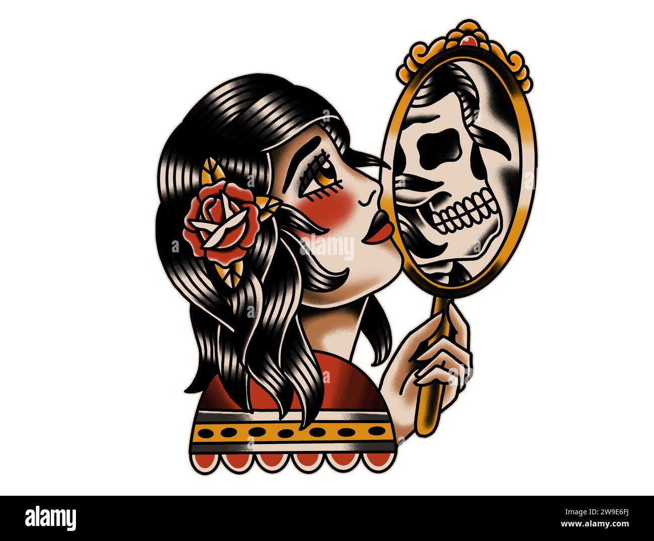 Femme dessinant des tatouages de la vieille école tenant un miroir Banque D'Images