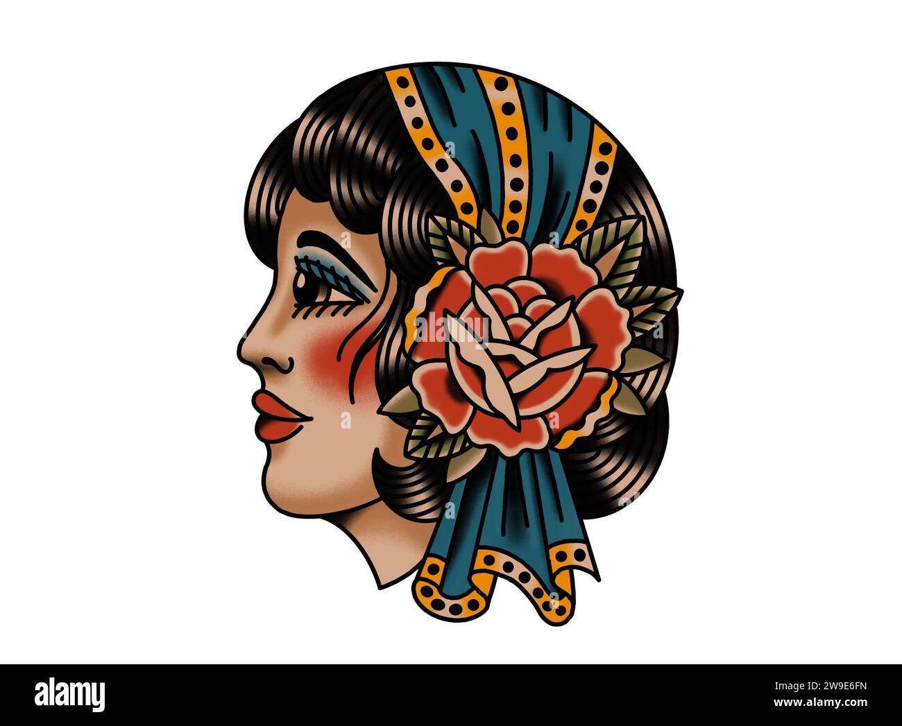 Vieille école tatouage dessin femme traditionnelle avec foulard Banque D'Images