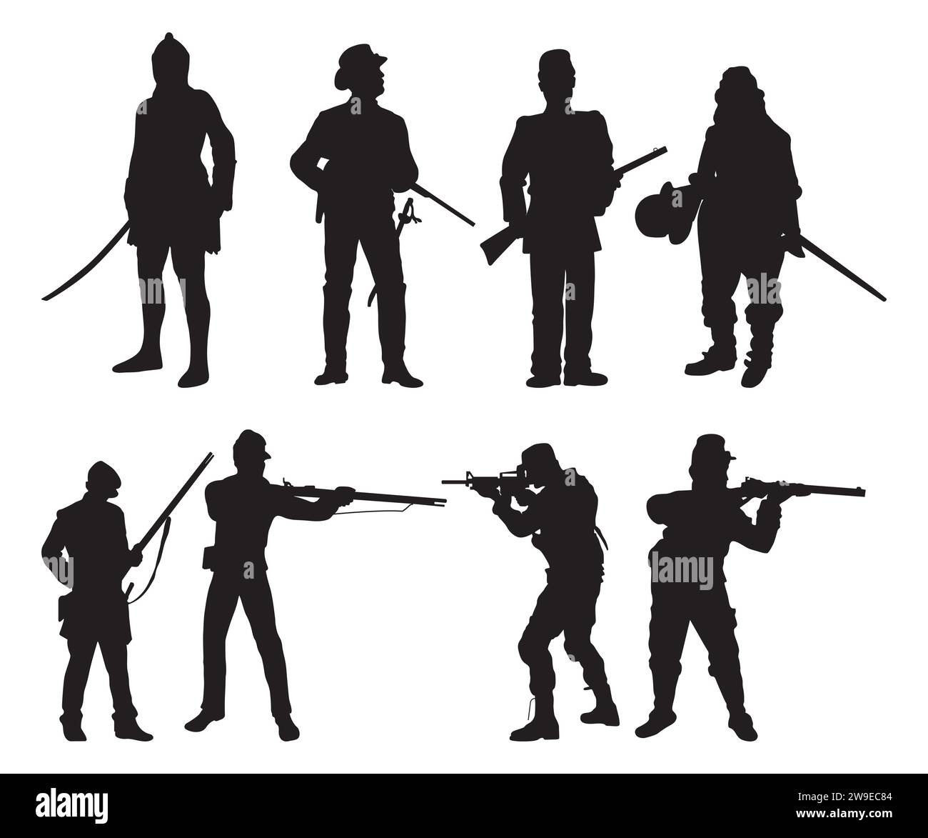 Silhouettes de guerre civile, vecteur de canon, Révolution civile, soldats, Silhouette de soldat, armistice, Révolution américaine Illustration de Vecteur