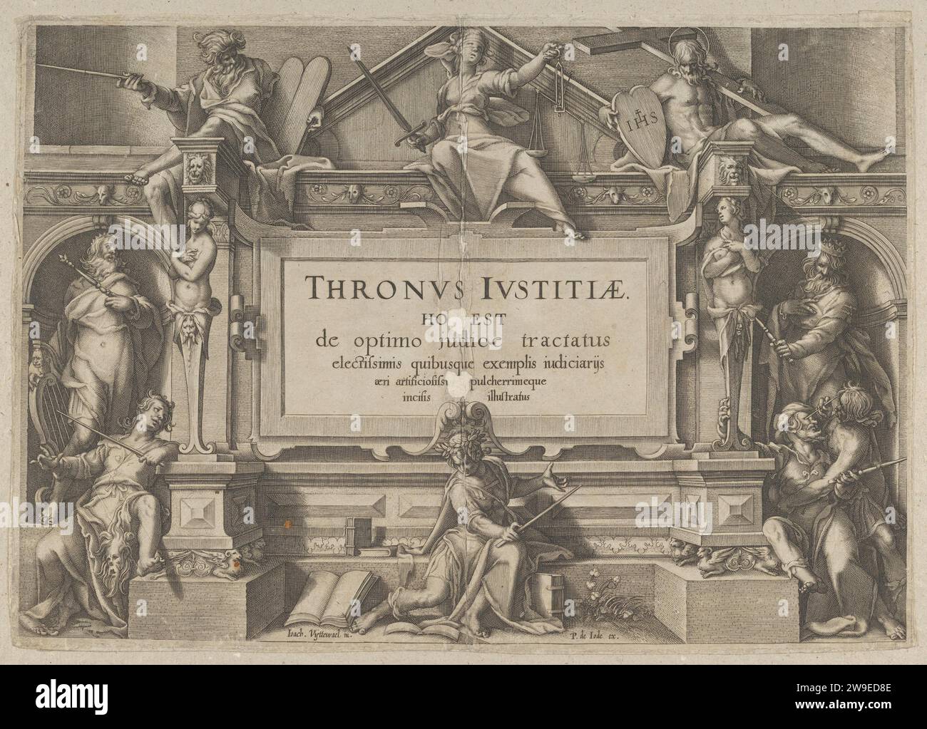 Page de titre dans un cadre architectural avec des figures allégoriques et le Christ, de Thronus justitiae, tredecim pulcherrimus tabulis... 1956 de Joachim Wtewael Banque D'Images