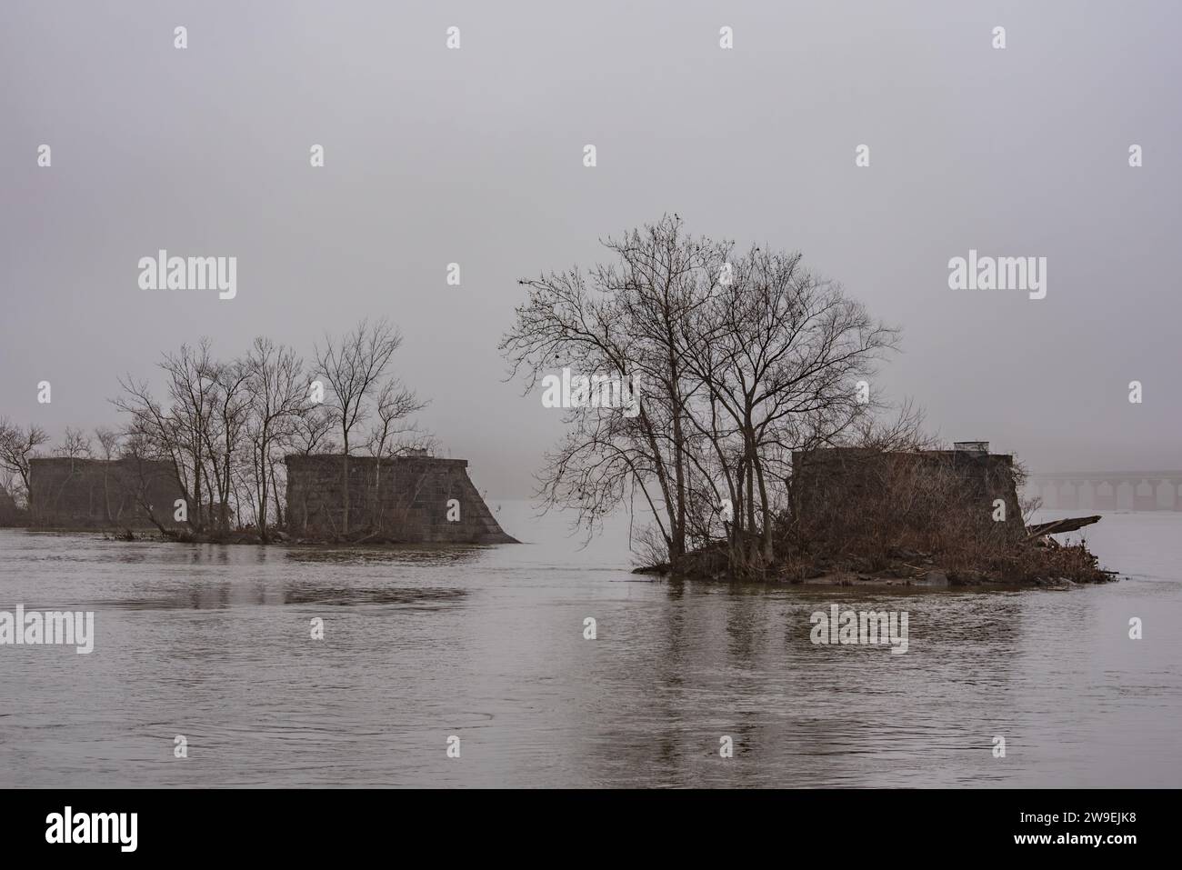 Trois piliers du Wrightsville-Columbia CoveredBridge lors d'un après-midi d'hiver foggy, Pennsylvanie, États-Unis Banque D'Images
