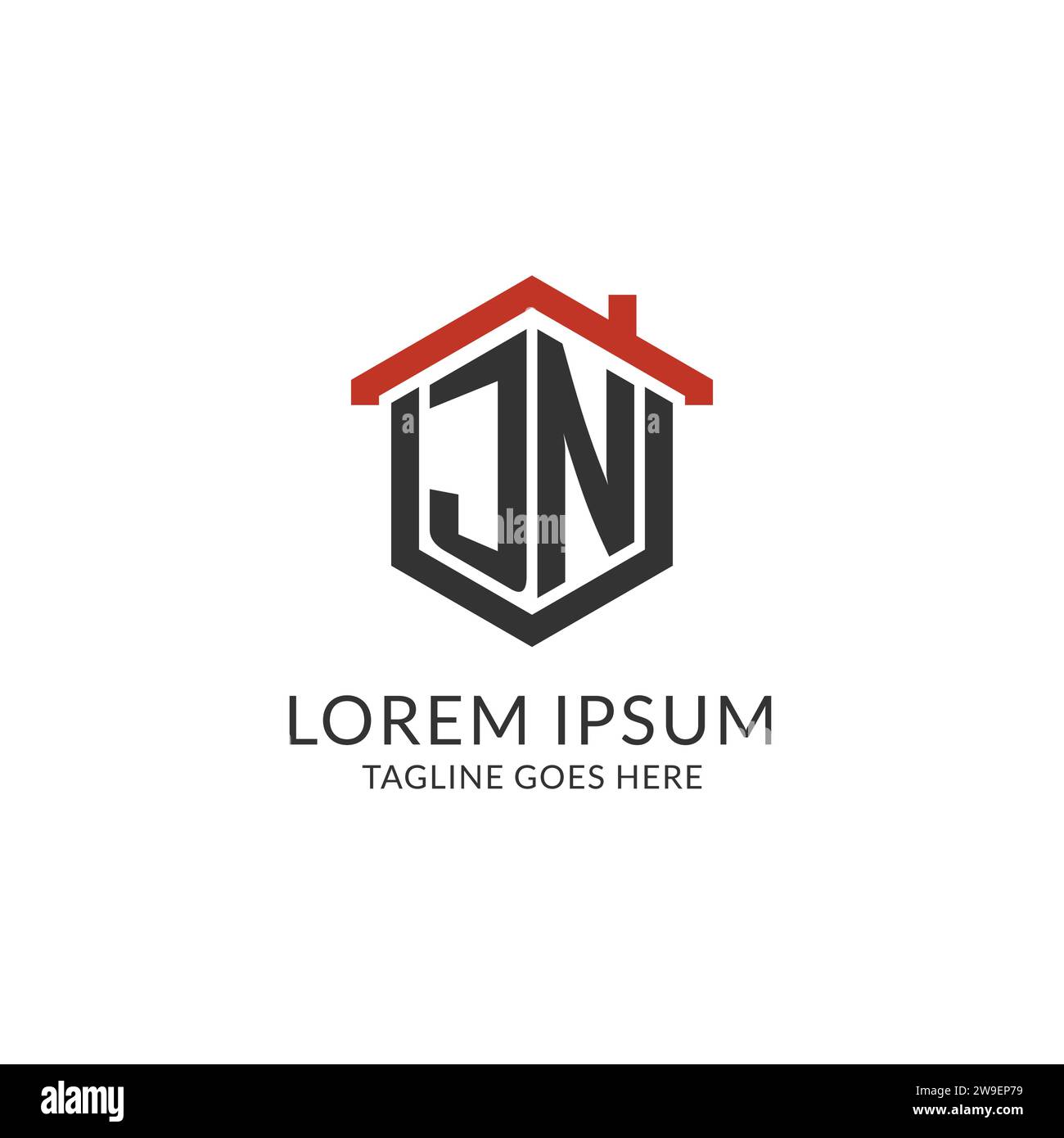 Monogramme initial de logo JN avec la conception de forme hexagonale de toit à la maison, graphique vectoriel de conception de logo immobilier simple et minimal Illustration de Vecteur