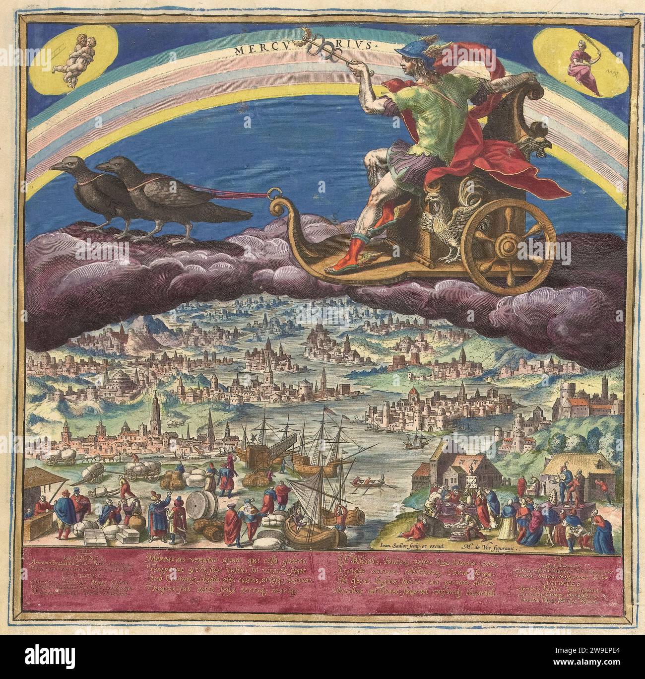 La planète Mercure et son influence sur le monde les sept planètes (titre de la série) -1585 par Maerten de vos effets des planètes et de leurs signes dans le zodiaque (titre de la série) - Mercure, chevauchant sur les nuages dans son char dessiné par deux corbeaux. Dans le coin supérieur gauche la constellation des Gémeaux, Vierge droite. Au fond un paysage côtier avec les ports (y compris Anvers). Le commerce se fait dans les villes. Au premier plan se trouvent des marchands avec des marchandises embarquées. À l'avant à droite un charlatan et une représentation théâtrale. La performance comprend un poème de louange en latin sur l'influence du p Banque D'Images