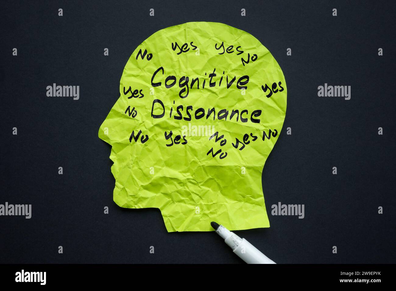 Tête de papier et inscription manuscrite dissonance cognitive. Banque D'Images