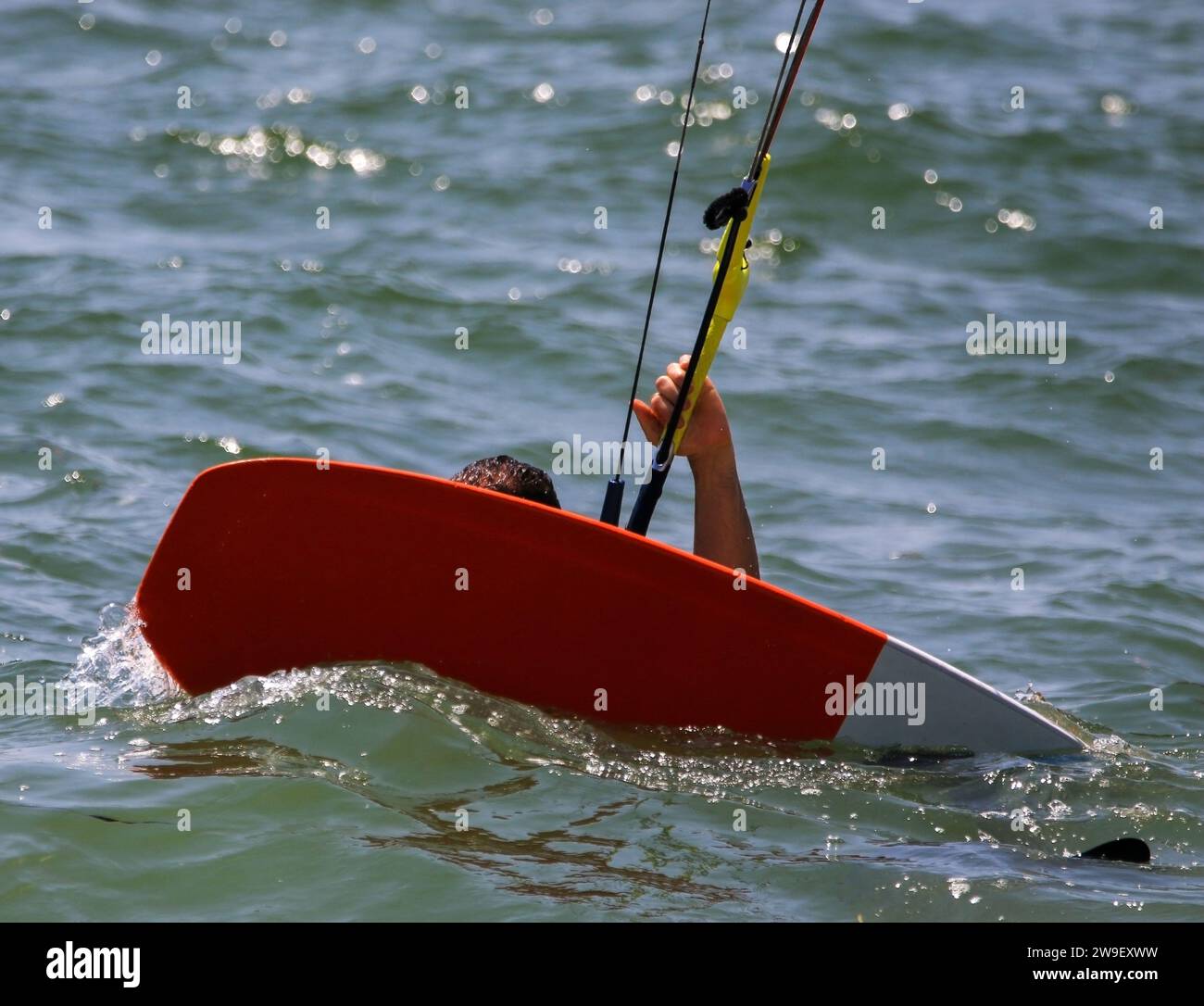 Gros plan d'une personne sur une planche Kit au-dessus d'un plan d'eau prêt à être tiré vers le haut pour surfer. Banque D'Images
