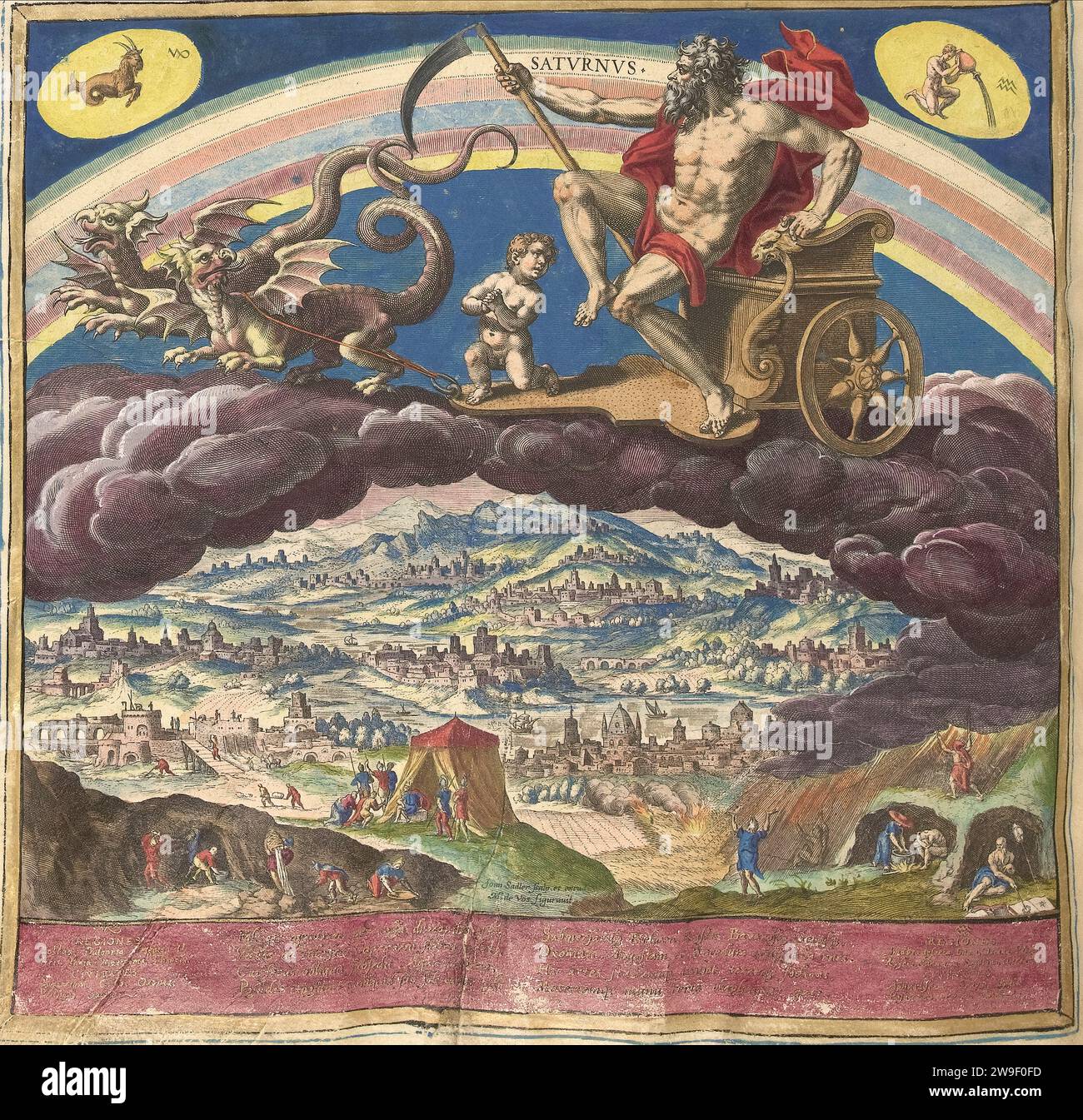 La planète Saturne et son influence sur le monde les sept planètes (titre de la série) Planetarum effectus et eorum in signis zodiaci (titre de la série), 1585 par Maerten de vos - le dieu Saturne avec une faux à la main. Il monte dans un char tiré par deux dragons. Un petit enfant sur le chariot. Signe supérieur gauche du zodiaque Capricorne, Verseau droit. Au fond un paysage vallonné avec des villes. Au premier plan, les gens sont miniers et un château est en construction. La performance comprend un poème d'éloge en latin sur l'influence de la planète Saturne sur les régions montagneuses d'Europe. Banque D'Images