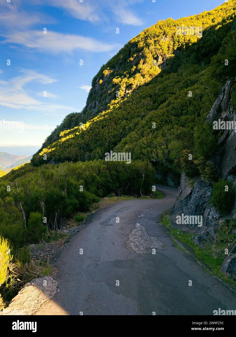 Une vue aérienne d'une route de campagne sinueuse pittoresque qui descend une colline, offrant une vue imprenable sur la chaîne de montagnes au-delà Banque D'Images Une vue aérienne d'une route de campagne sinueuse pittoresque qui descend une colline, offrant une vue imprenable sur la chaîne de montagnes au-delà Banque D'Images