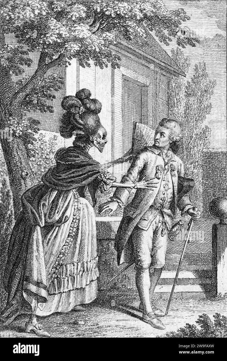 Mort sous couvert d'un squelette portant une mode féminine élaborée attirant un gentleman à sa mort] / Schellenberg, Johann Rudolf, 1740-1806, mort, représenté comme un squelette à la mode féminine élaborée, attirant un gentleman à sa mort. Banque D'Images