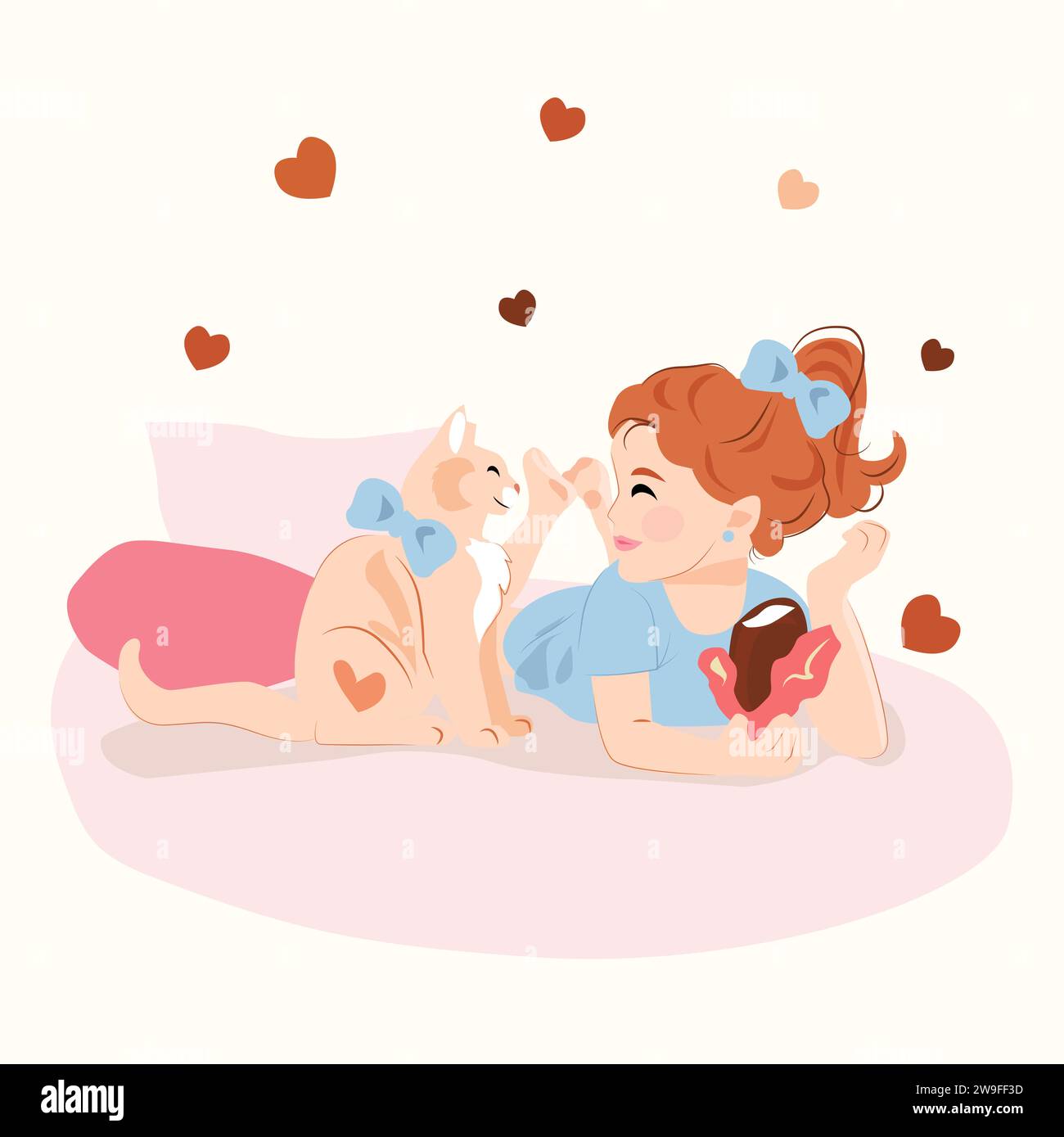 Illustration vectorielle pour le mois national du PET, jour de fidélité du chat, jour du chat. Fille mangeant de la crème glacée avec son animal de compagnie sur le lit. Fond de coeurs. Chat mignon et un g Banque D'Images