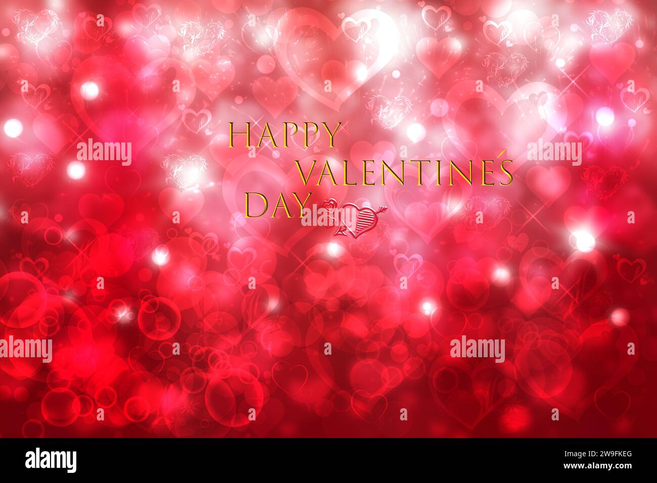 Carte Happy Valentines Day. Composition festive abstraite d'amour bokeh rouge et blanc coeurs texture de fond avec texte Saint-Valentin. Présent, bannière Banque D'Images