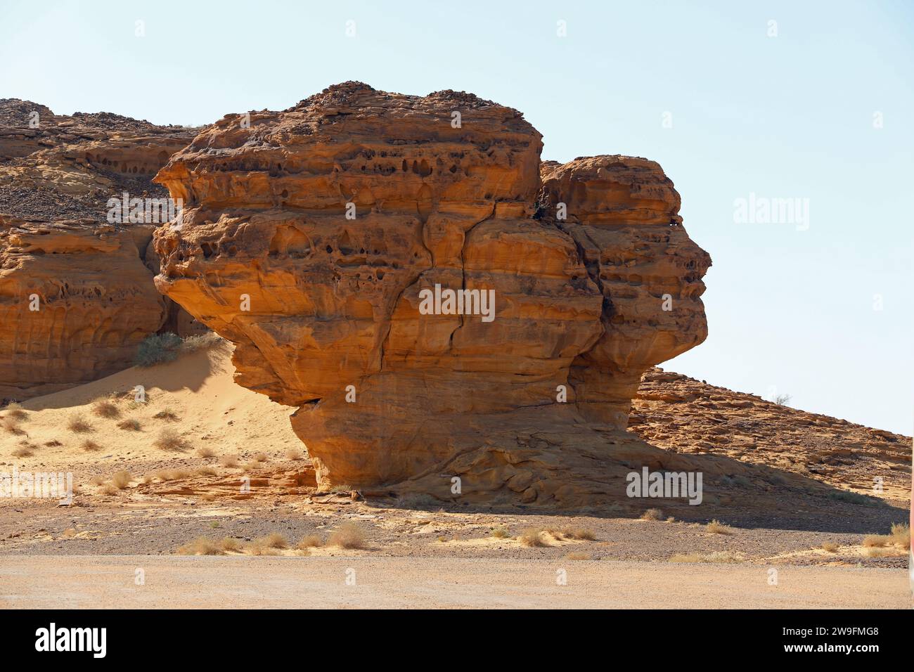 Roche érodée en forme de visage à Alula dans le désert arabe Banque D'Images