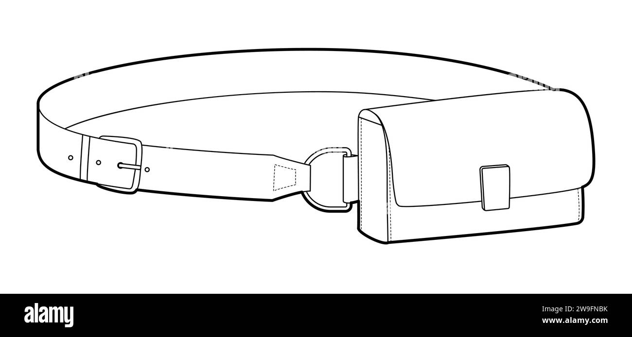 Silhouette de sac de ceinture. Illustration technique accessoire de mode. Vector satchel vue avant 3-4 pour hommes, femmes, style unisexe, sac à main plat maquette CAD esquisse contour isolé Illustration de Vecteur